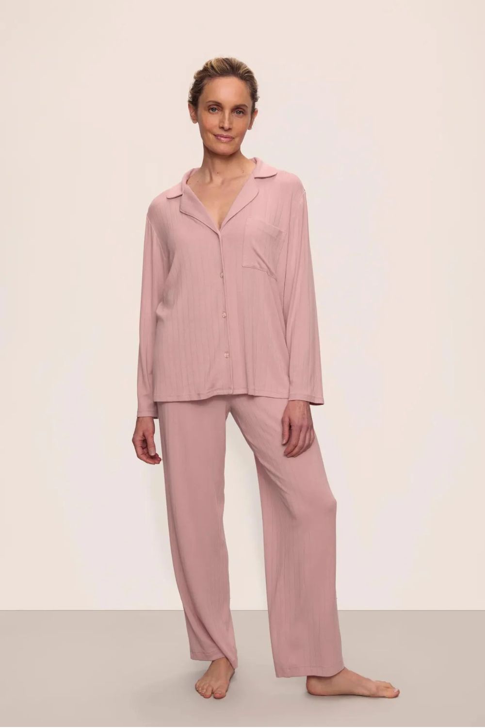 Gisele Ribbed Long PJ Set in Pale Mauve