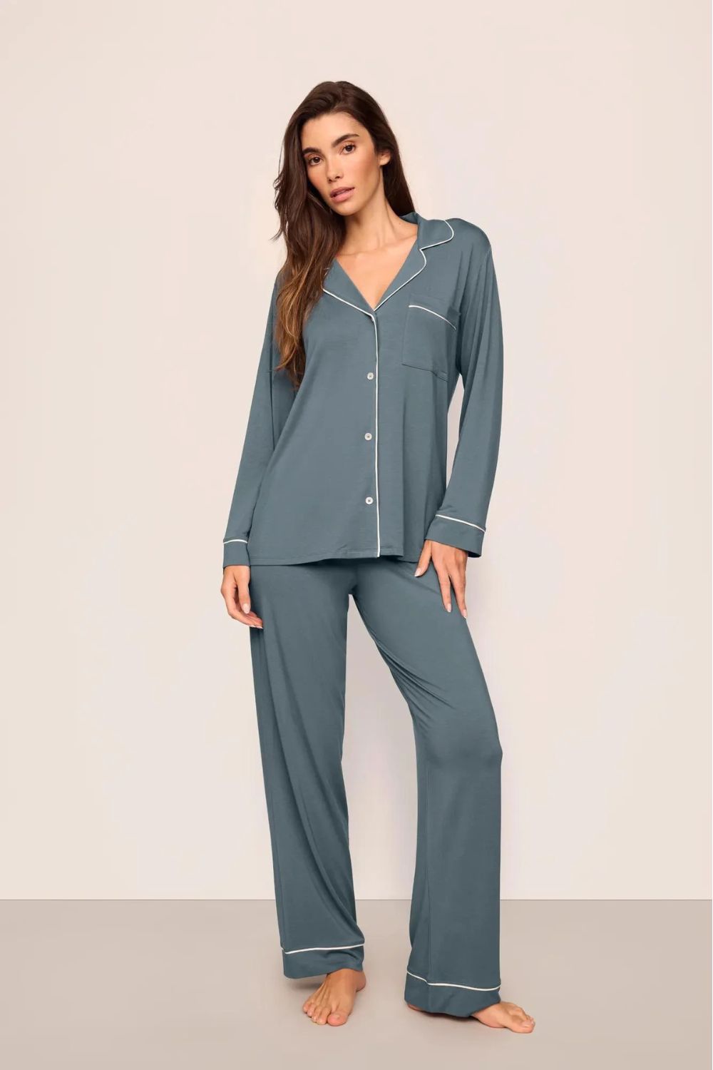 Gisele Long PJ Set in Stone Blue/Ivory