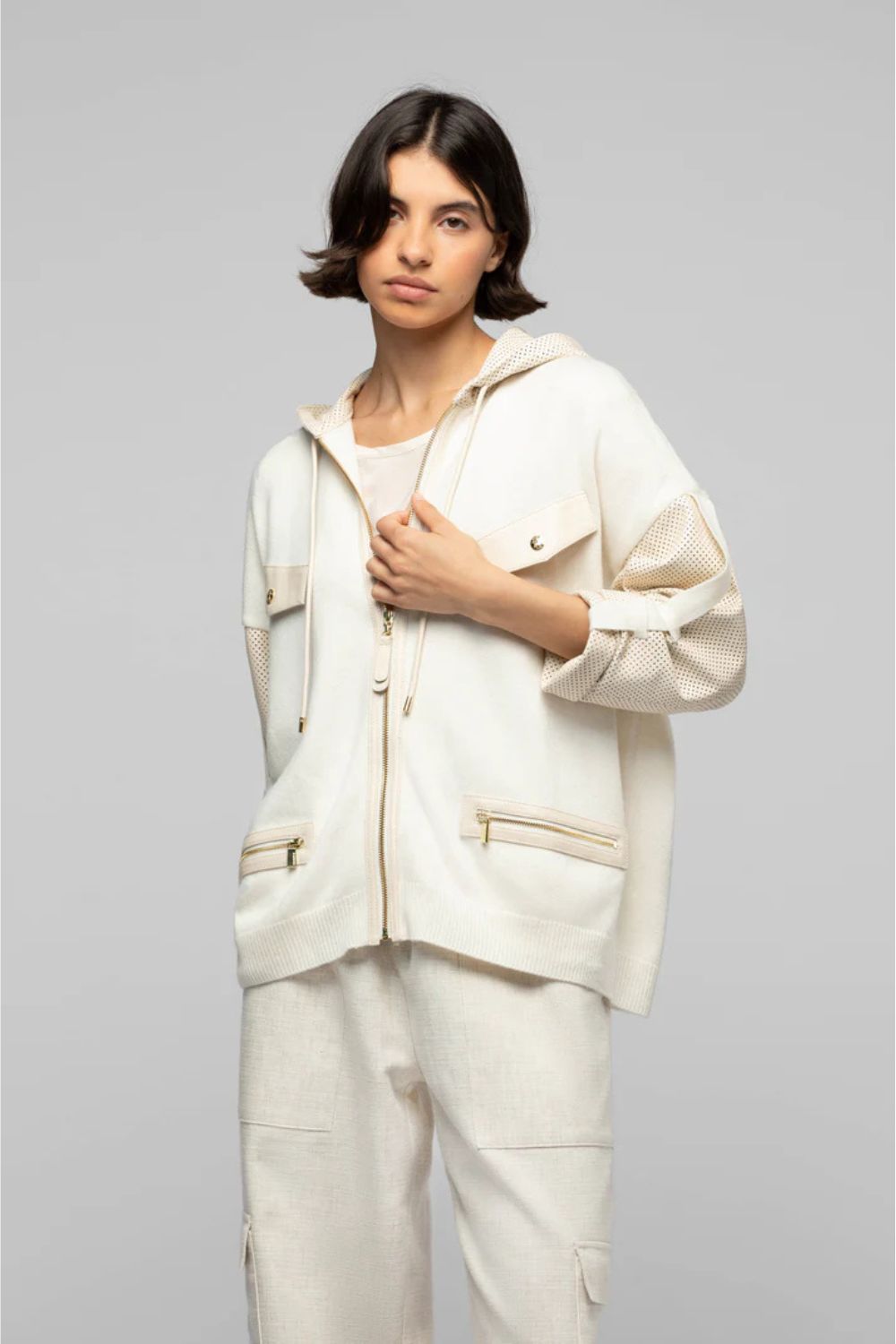 Hooded Jacket in Wool/Cashmere with Leather Inserts
