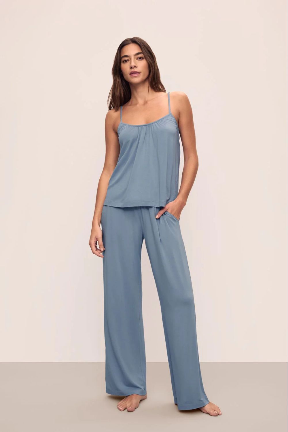 Gisele Cami/Pant PJ Set in Faded Denim/Ivory