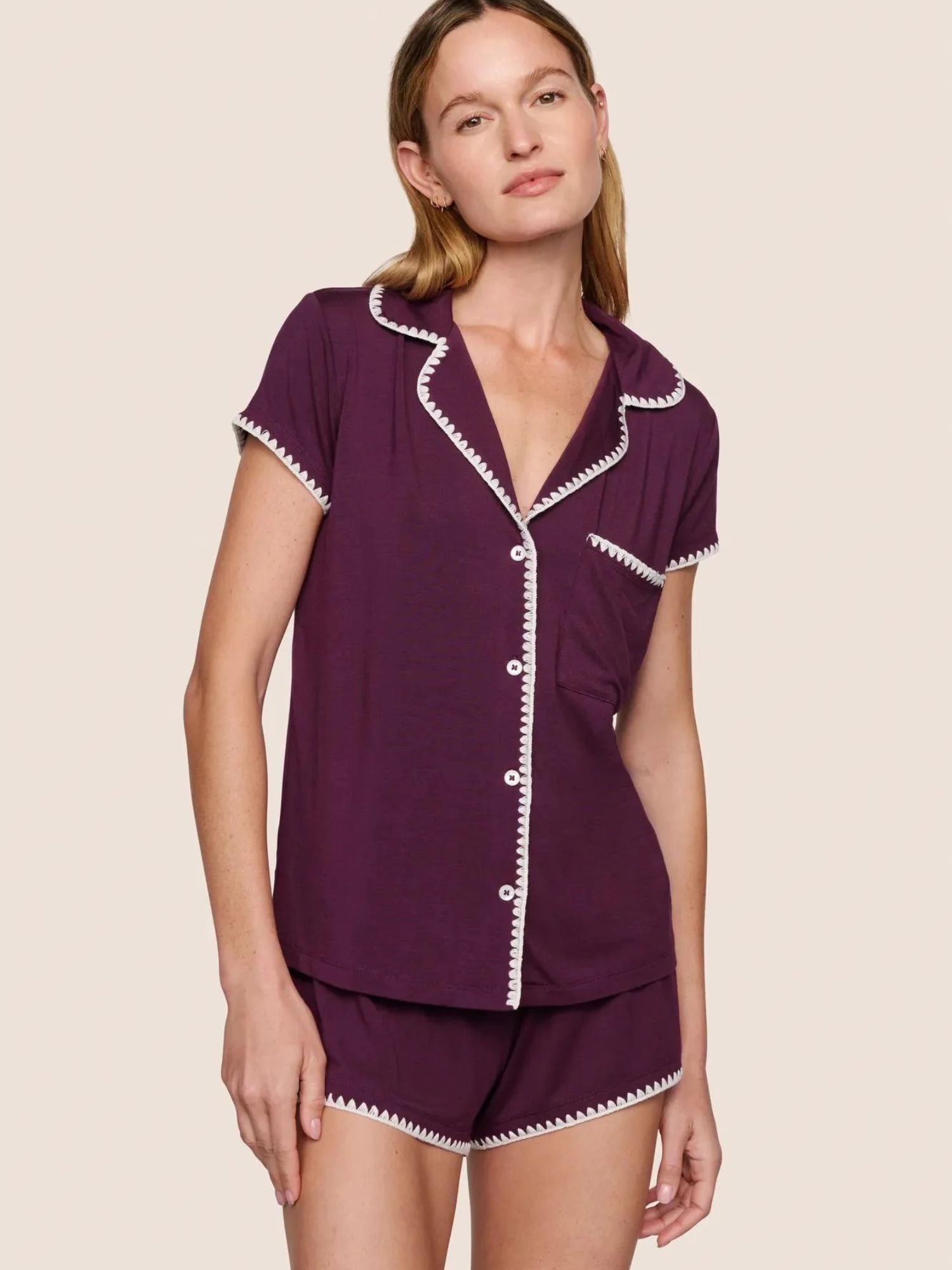 Frida Shortie PJ Set in Plum/Ivory