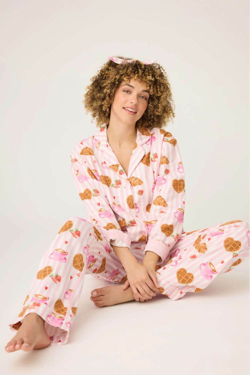 Crossant Print Long Flannel PJ Set in Pink