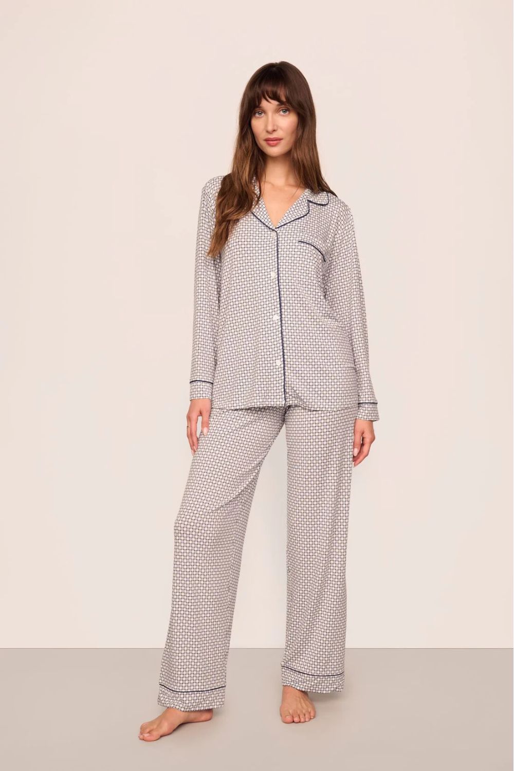 Gisele Printed Long PJ Set in Geosphere Gray Dawn/Navy