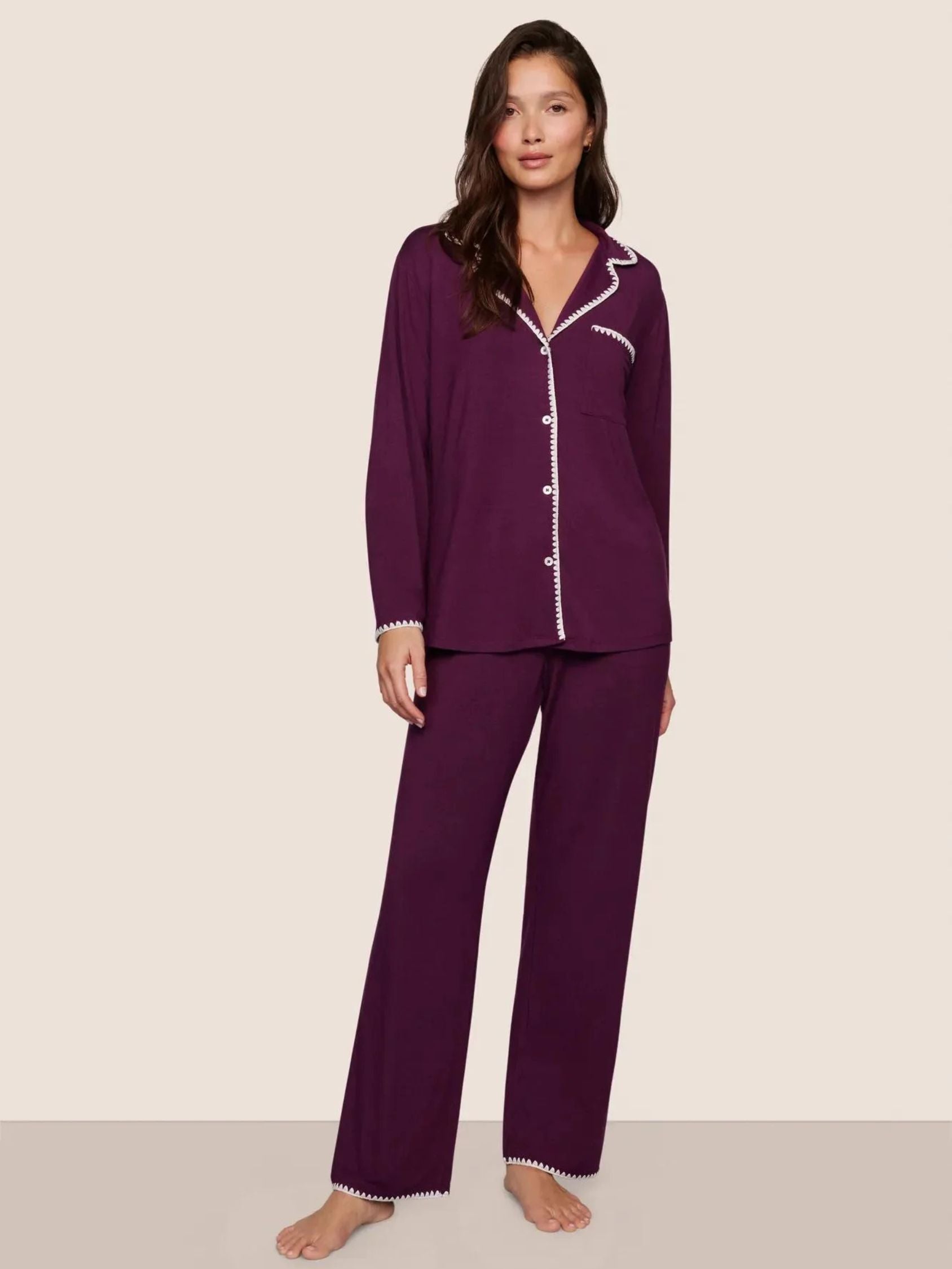 Frida Long PJ Set in Plum/Ivory