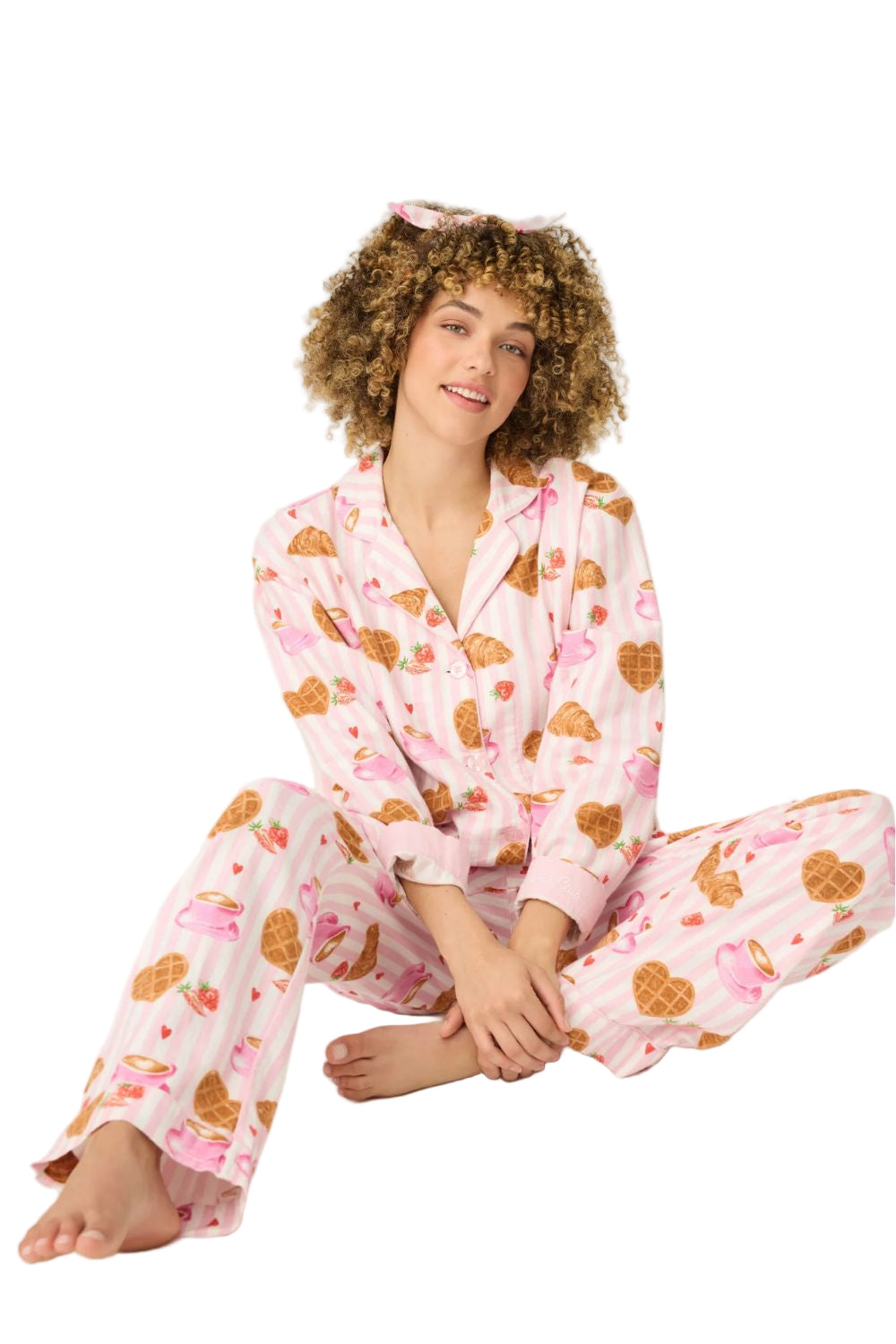 Crossant Print Long Flannel PJ Set in Pink