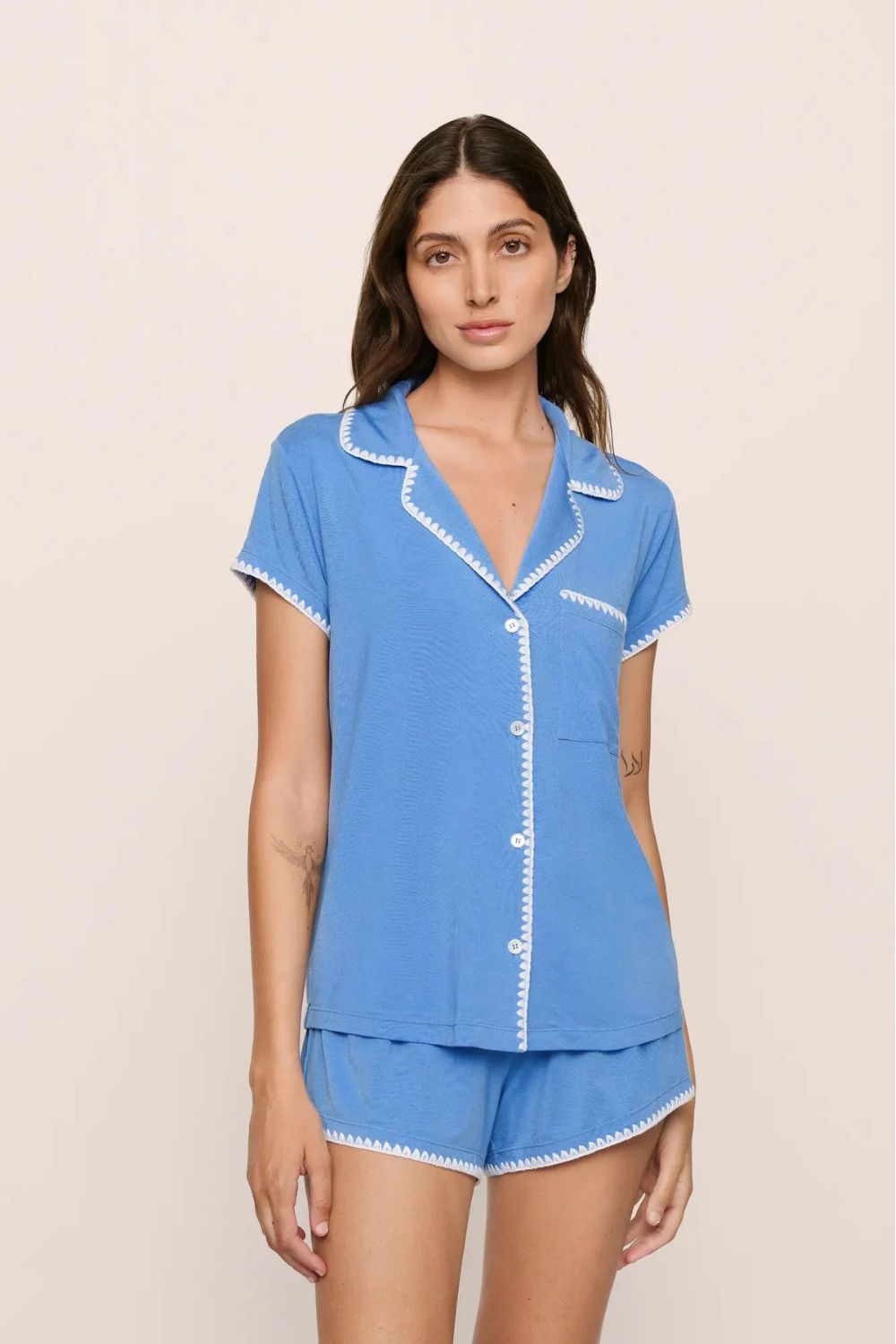 Frida Shortie PJ Set in Cornflower Blue/White