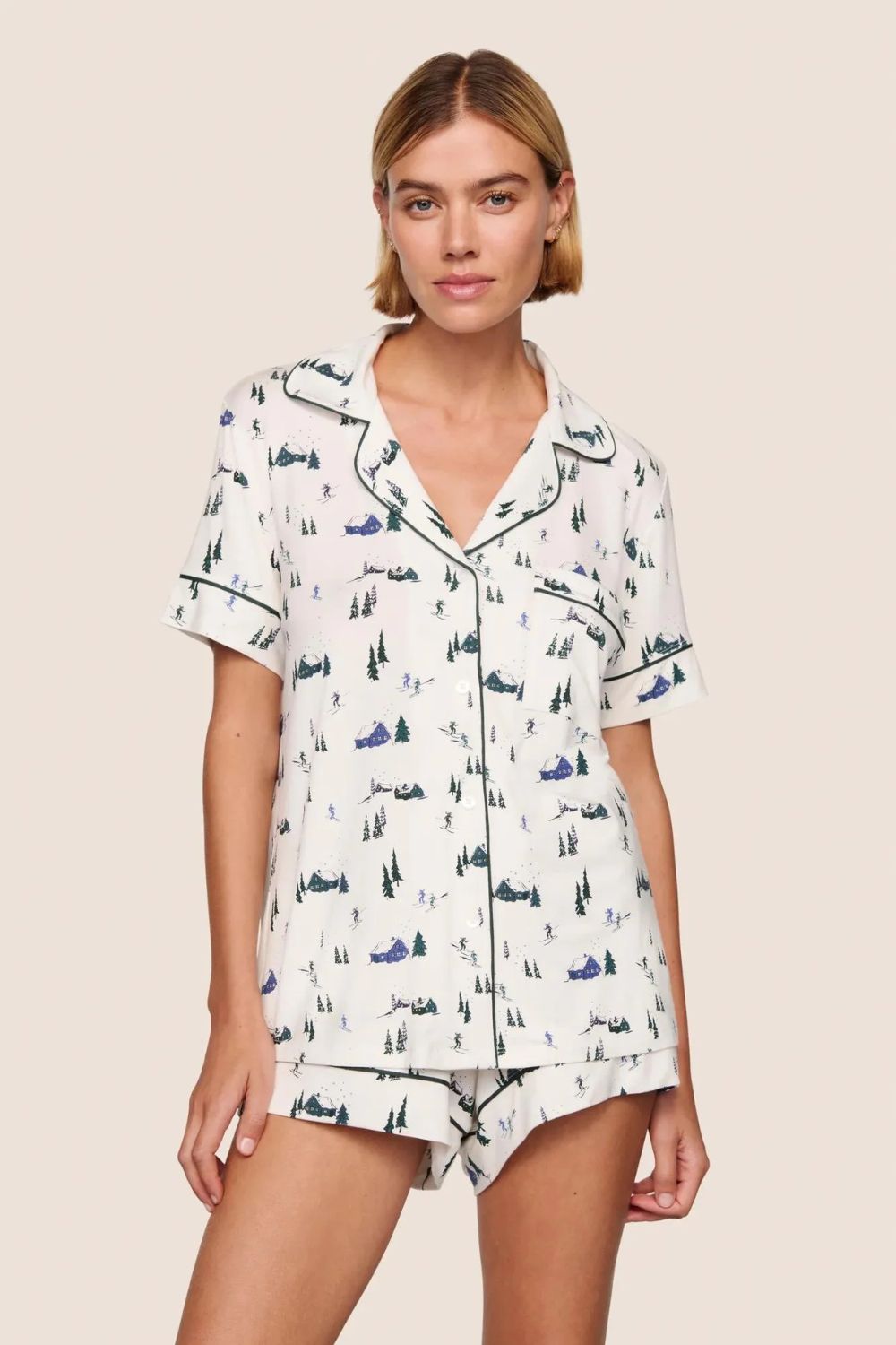 Gisele Shortie Printed PJ Set in Ski Chalet Ivory/Pine