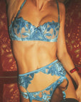 Velvet Lily Embroidery Garter Belt in Icy Teal