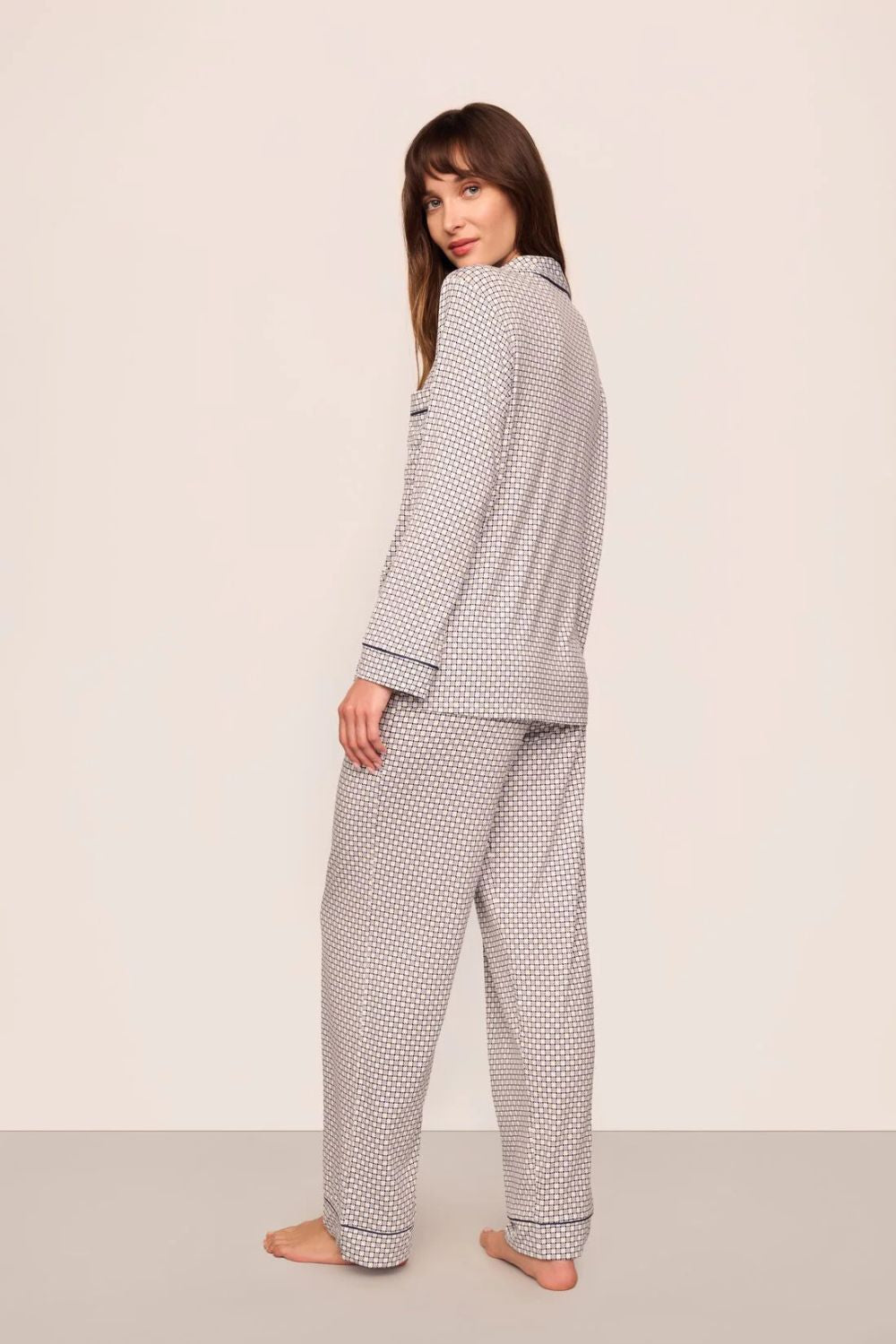 Gisele Printed Long PJ Set in Geosphere Gray Dawn/Navy