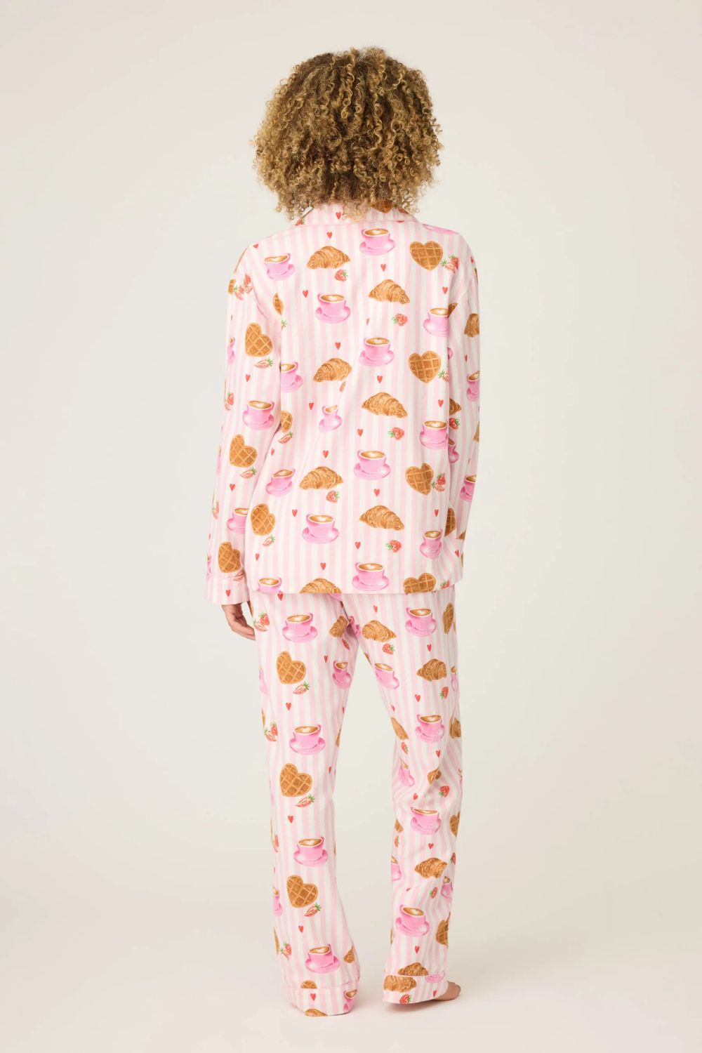 Crossant Print Long Flannel PJ Set in Pink