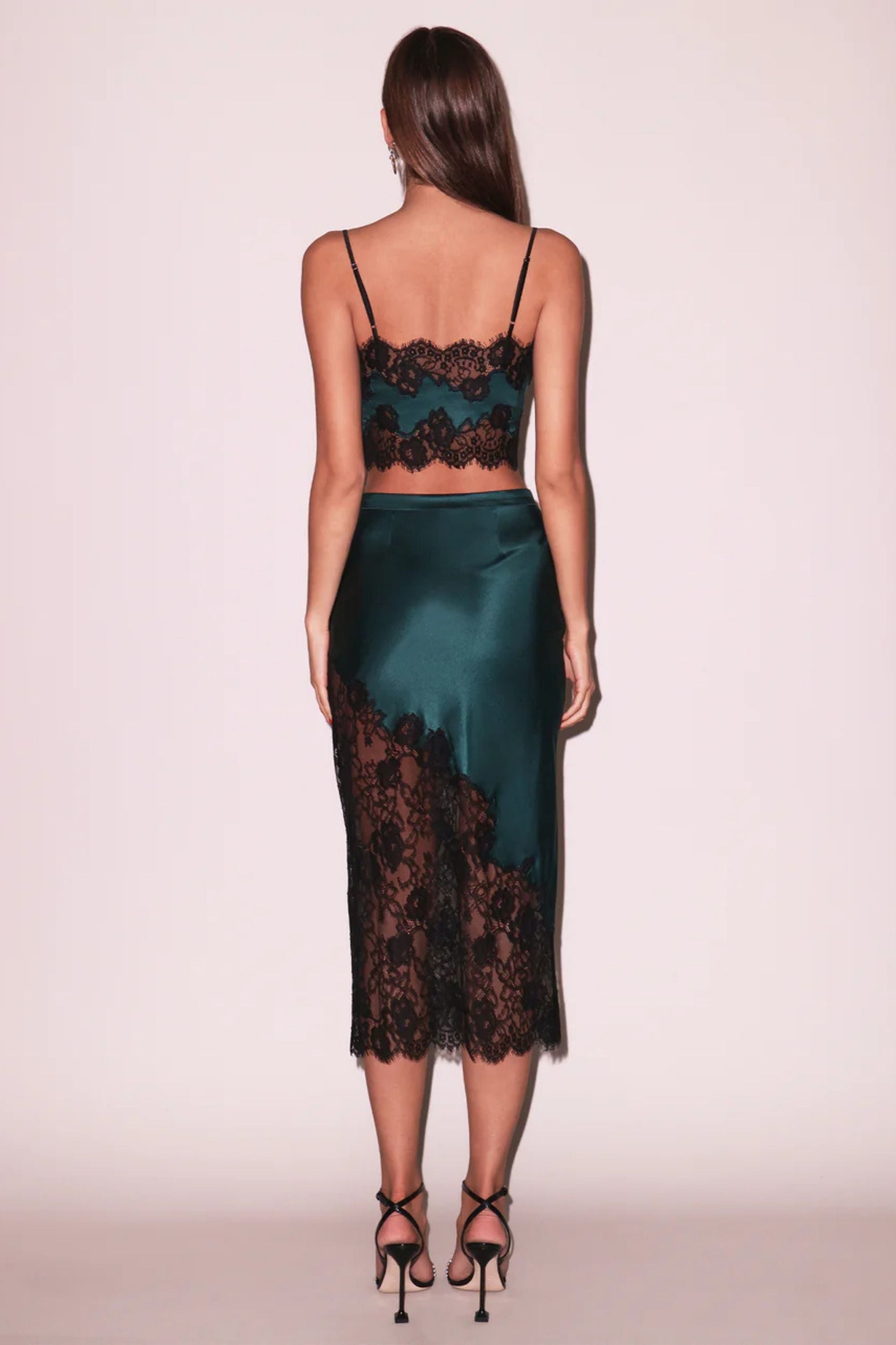 Silk and Lace Scallop Midi Skirt in Evergreen