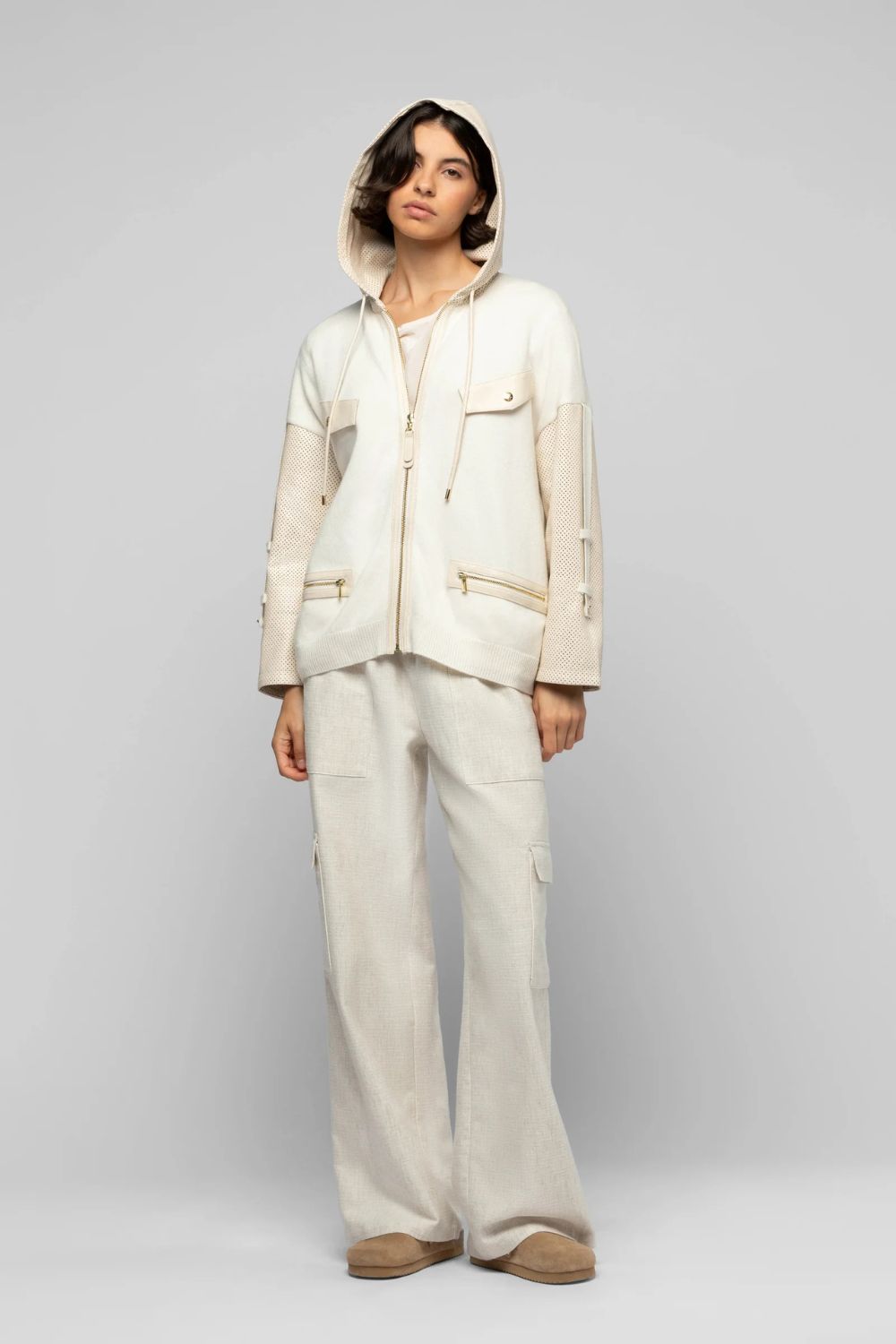 Hooded Jacket in Wool/Cashmere with Leather Inserts
