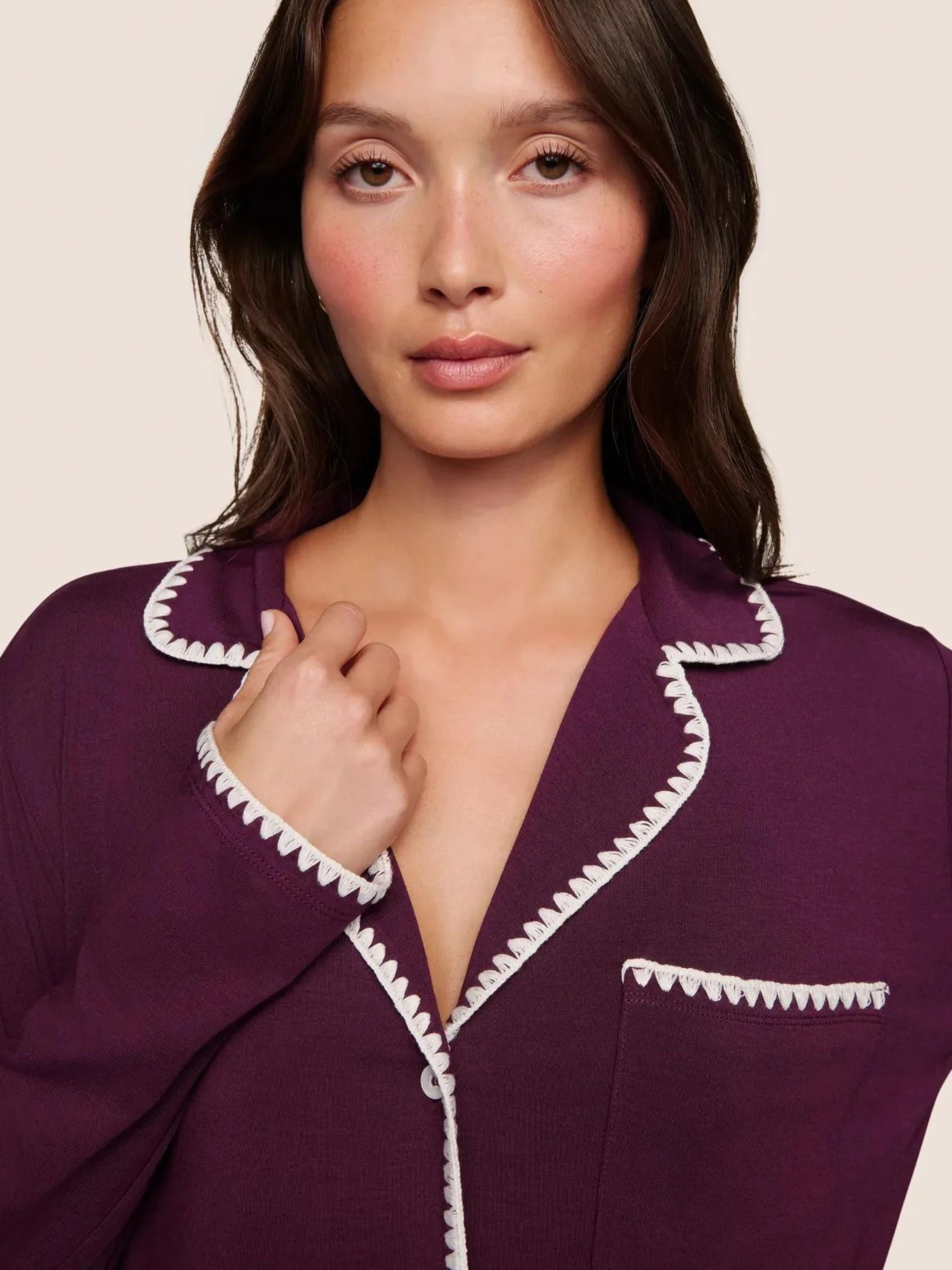 Frida Long PJ Set in Plum/Ivory