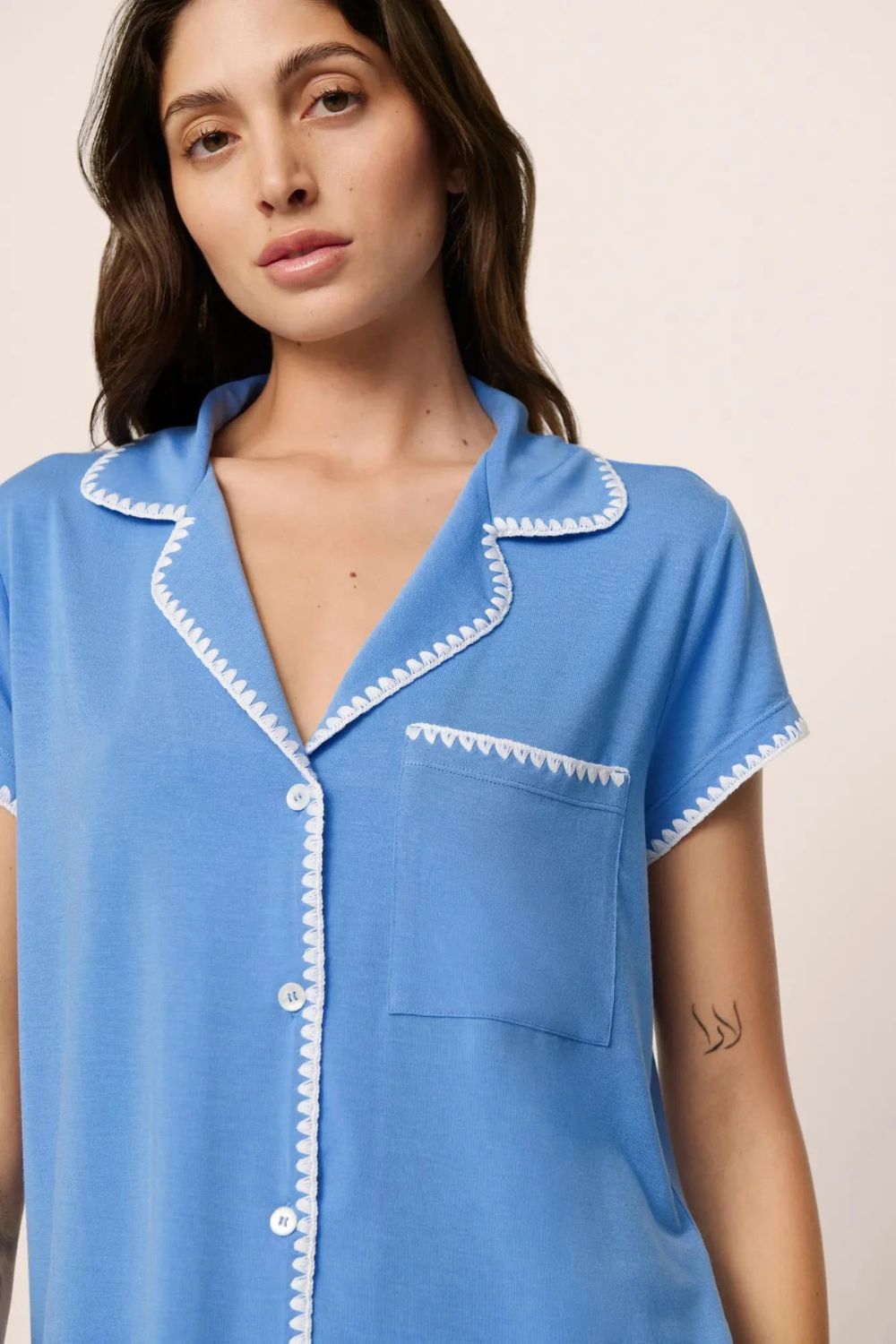 Frida Shortie PJ Set in Cornflower Blue/White