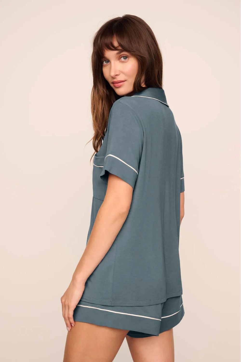 Gisele Relaxed Short PJ Set in Stone Blue/Ivory