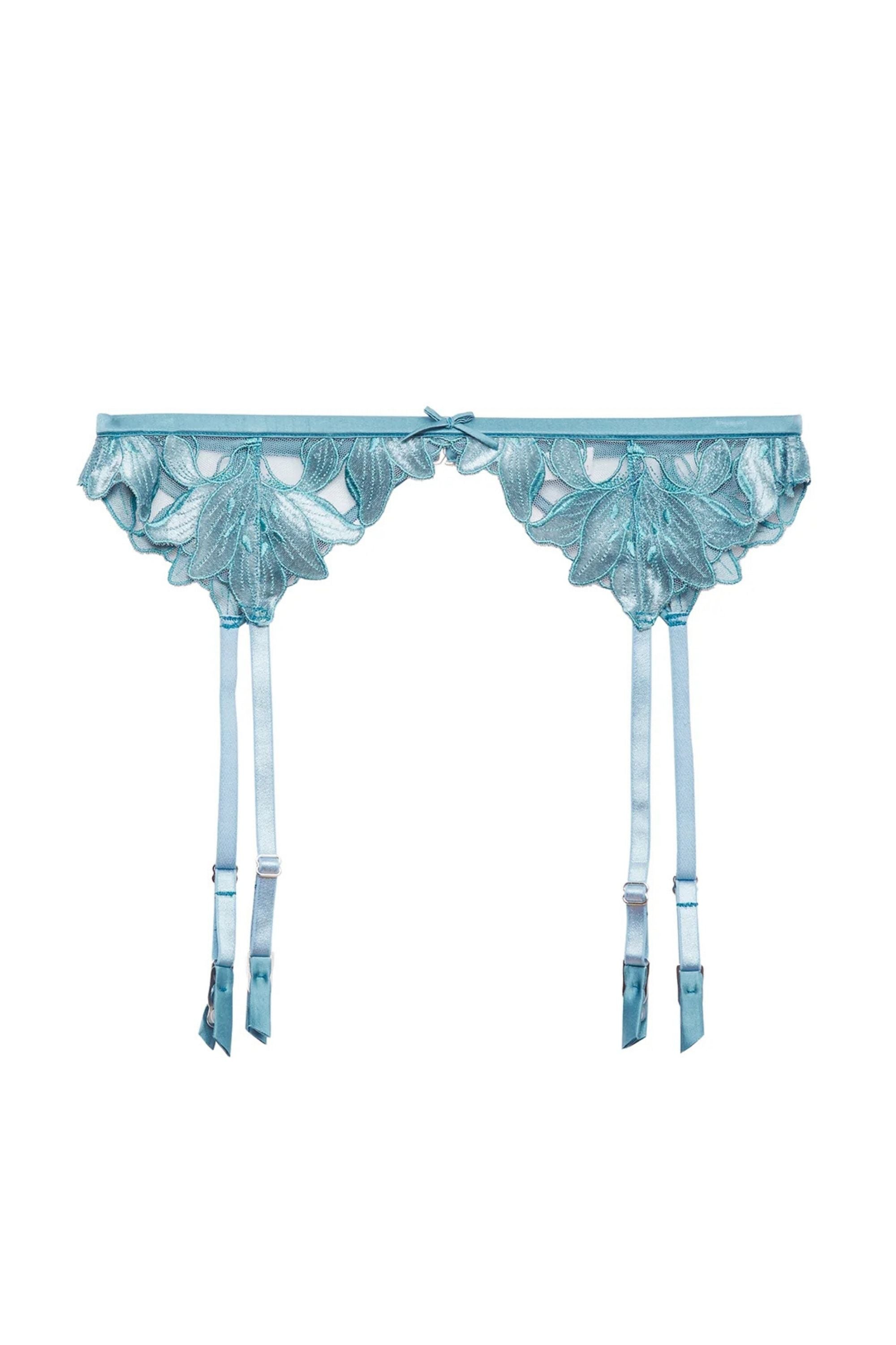Velvet Lily Embroidery Garter Belt in Icy Teal