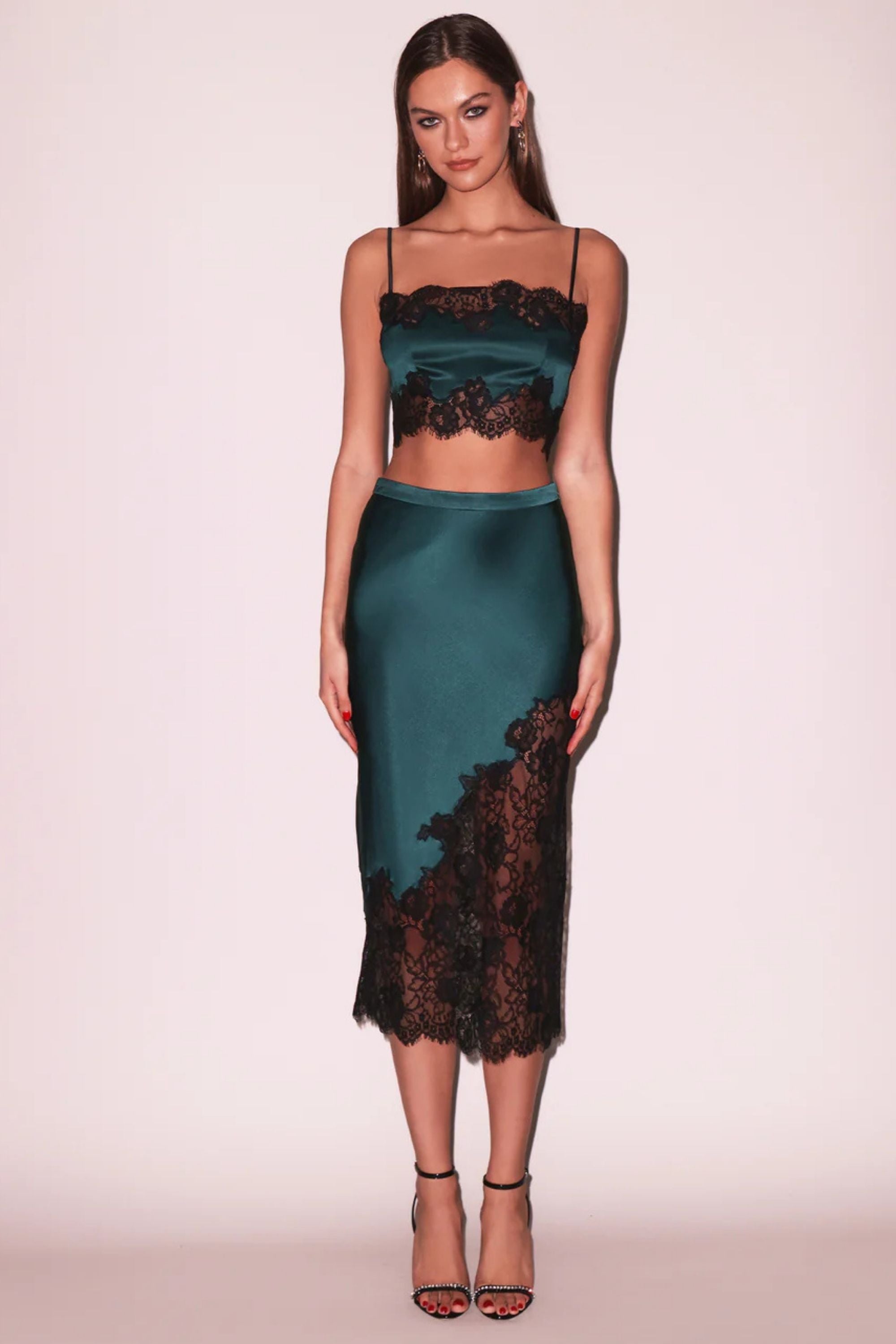 Silk and Lace Scallop Midi Skirt in Evergreen