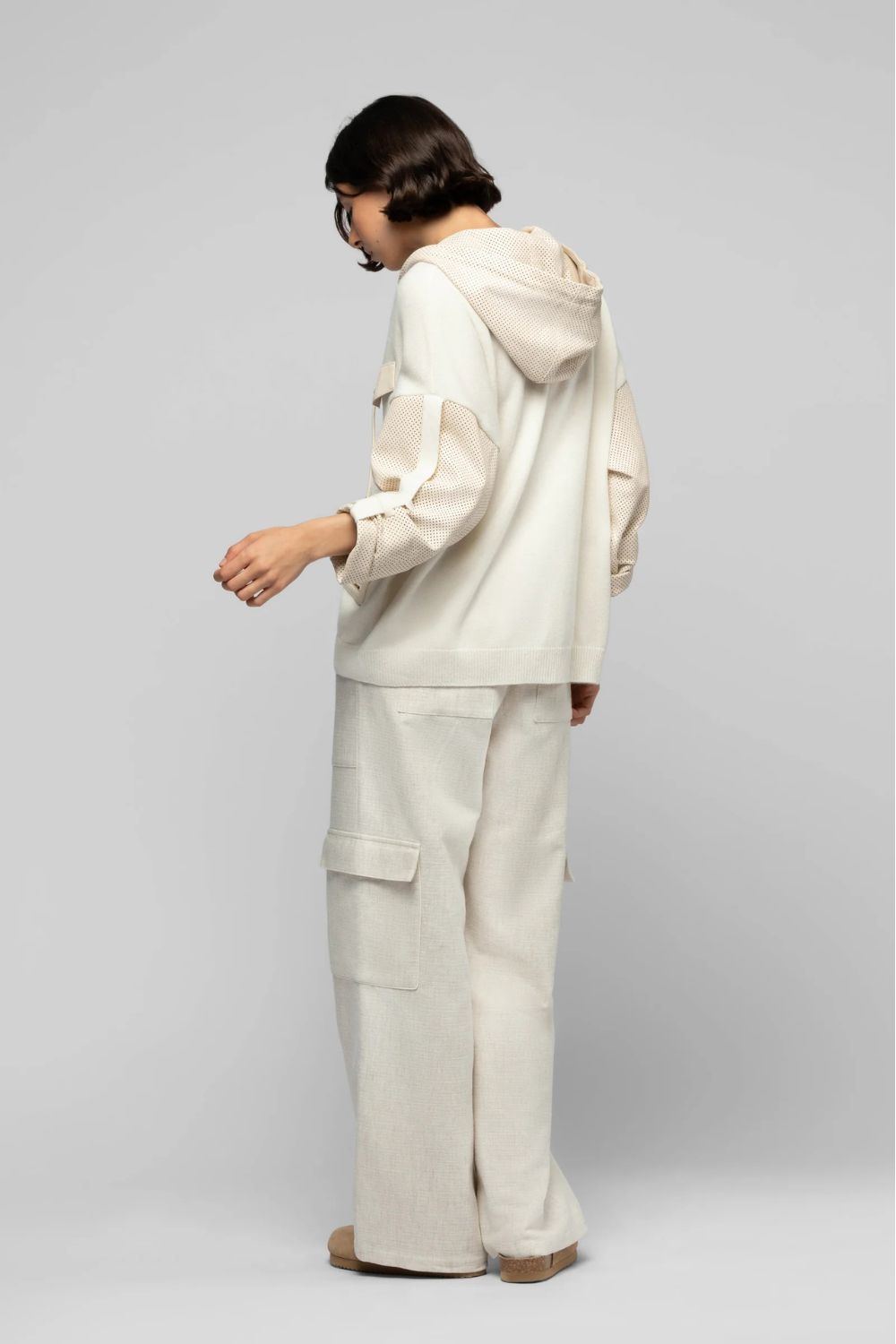 Hooded Jacket in Wool/Cashmere with Leather Inserts