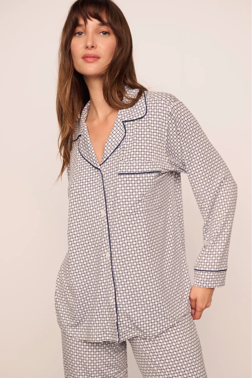 Gisele Printed Long PJ Set in Geosphere Gray Dawn/Navy