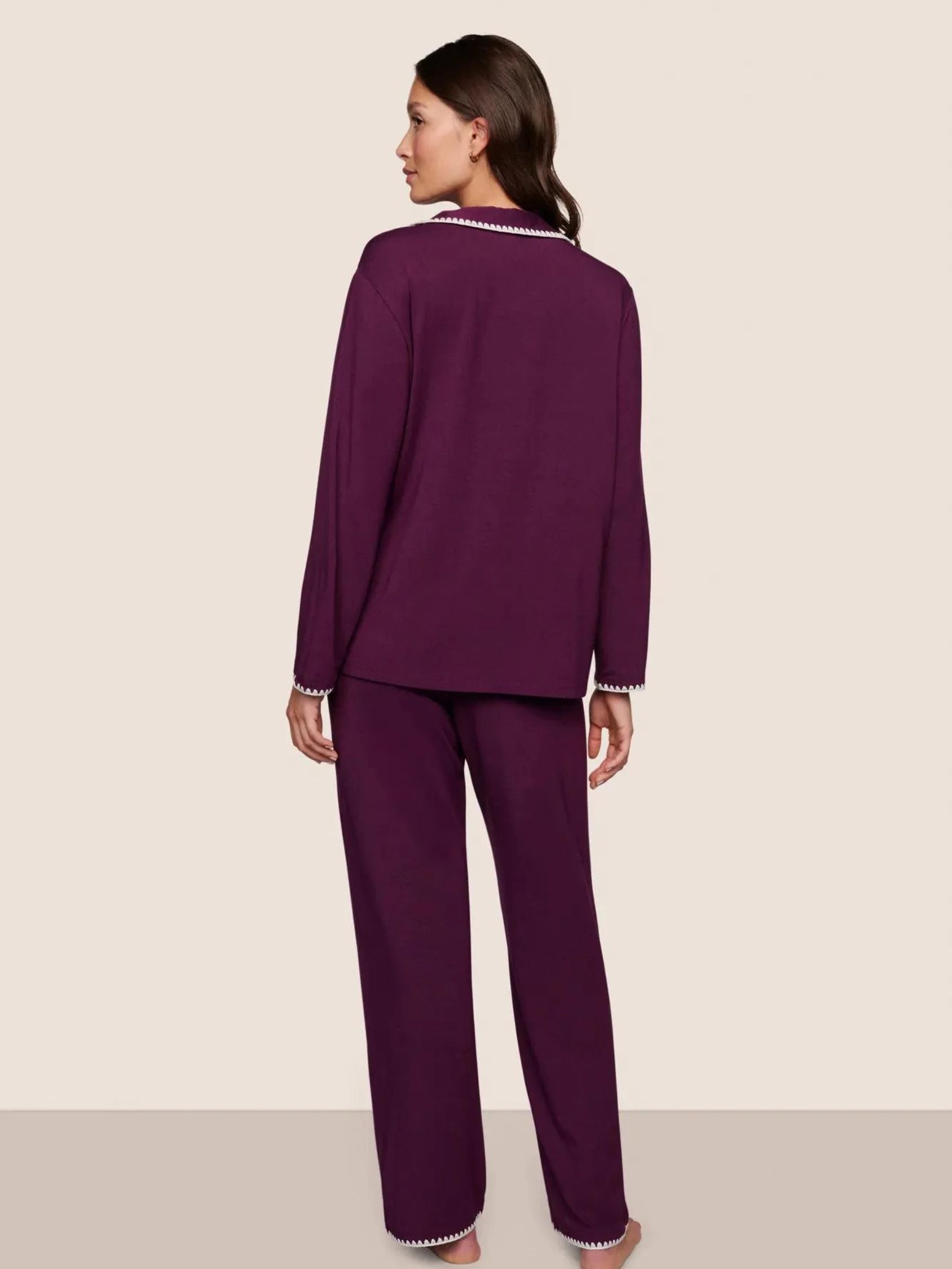 Frida Long PJ Set in Plum/Ivory