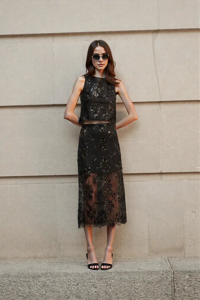 Aylin Sequin Lace Skirt in Black