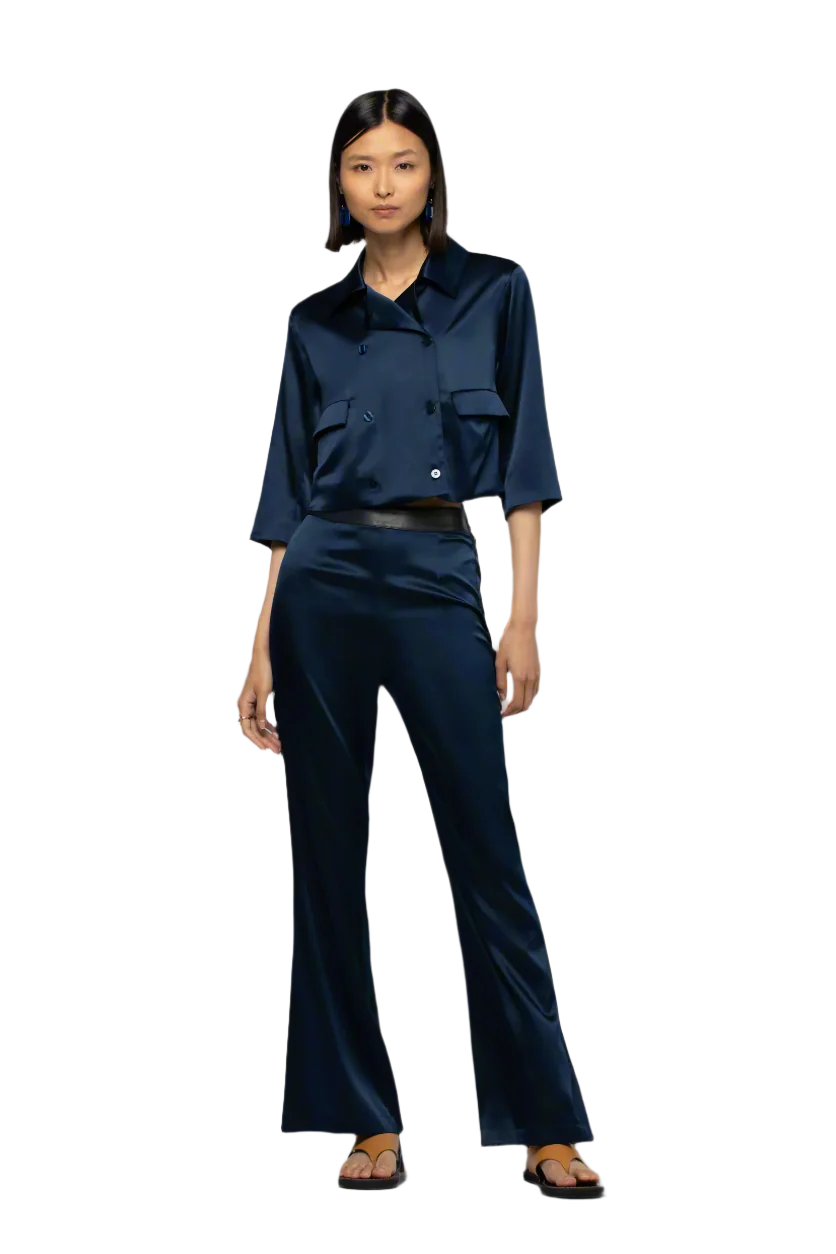 Silk Flared Pants in Marine