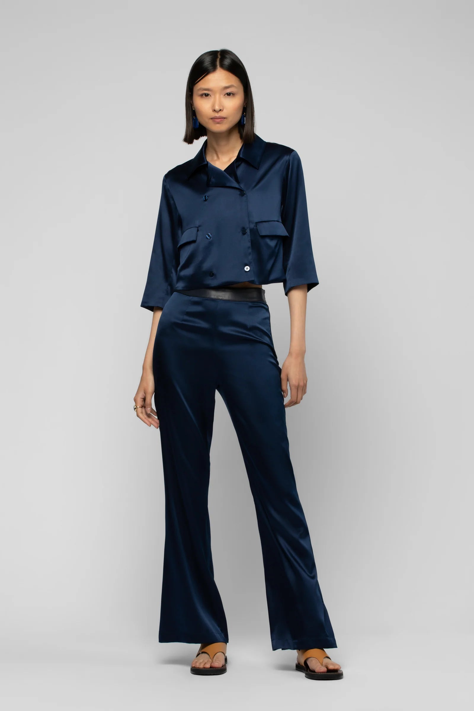 Silk Flared Pants in Marine