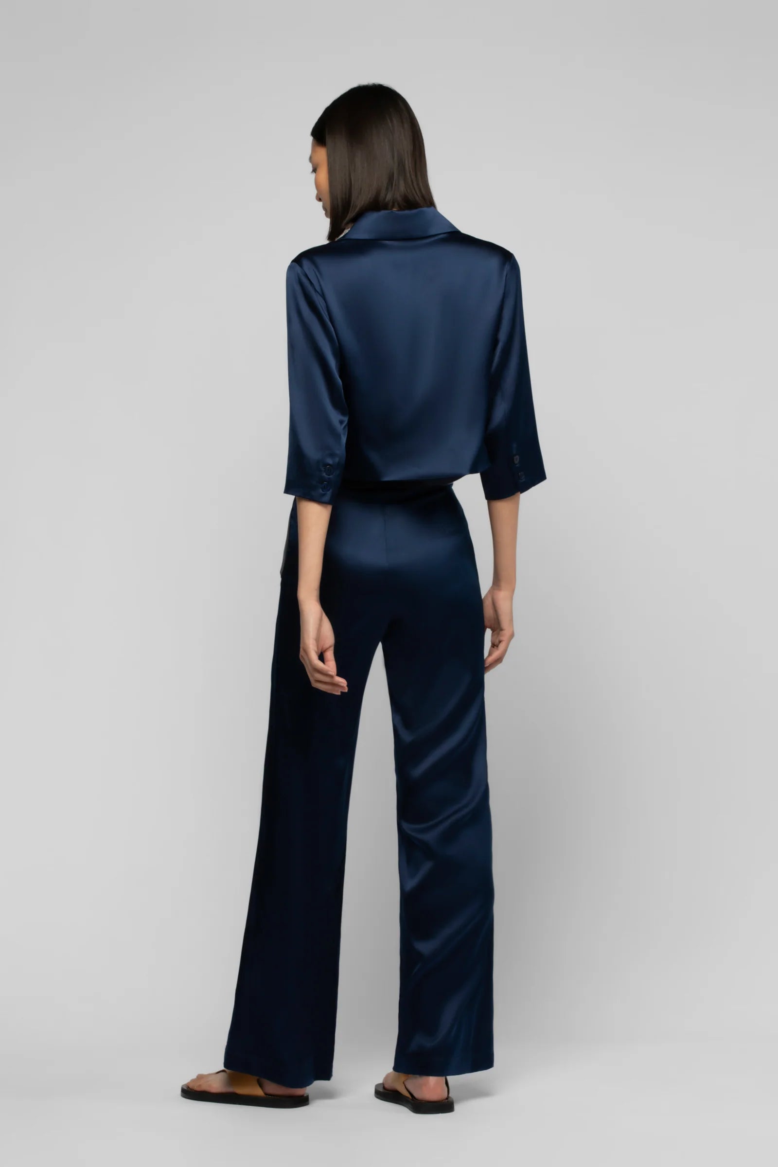 Silk Flared Pants in Marine