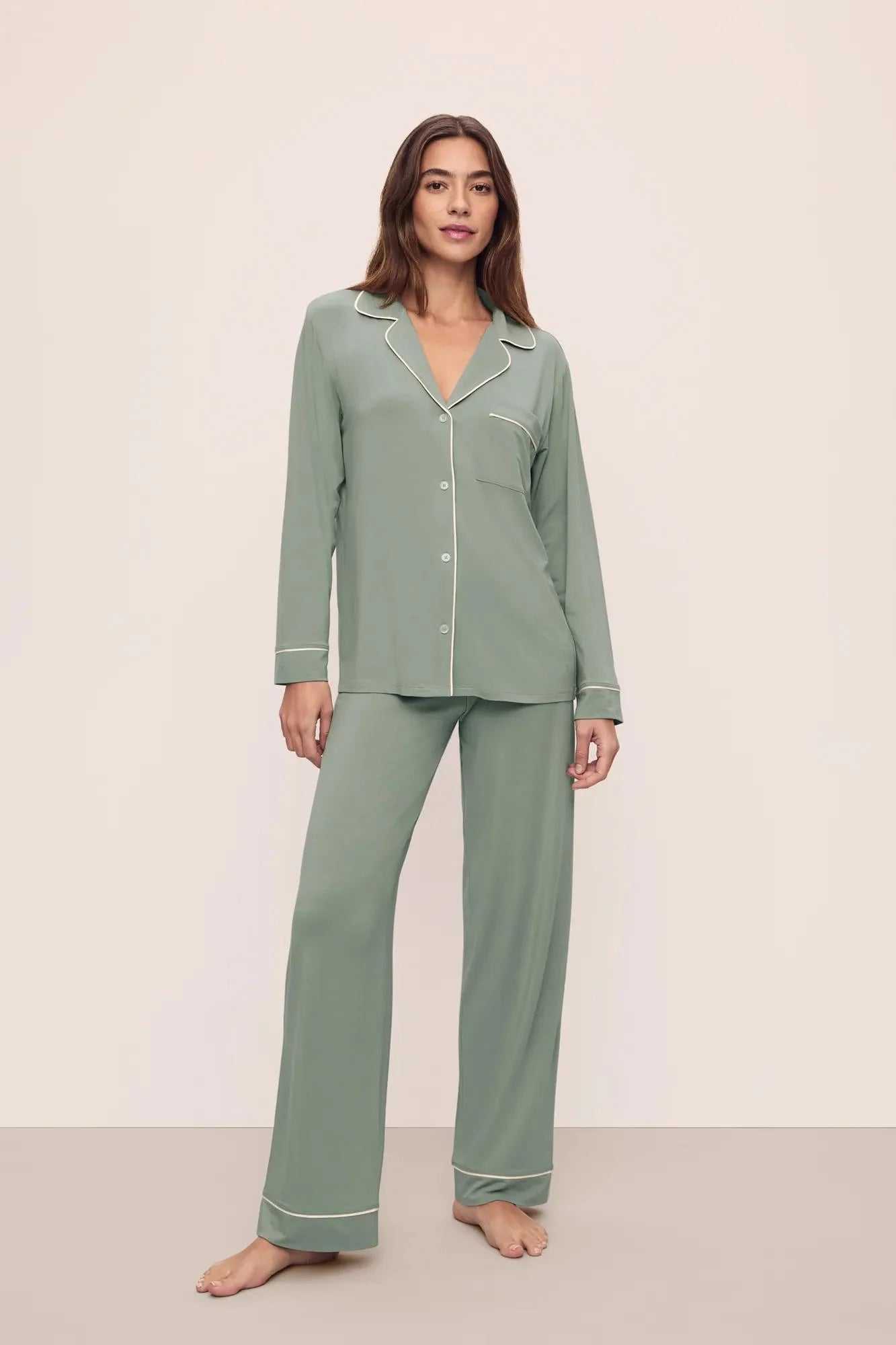 Gisele Long PJ Set in Smokey Olive/Ivory