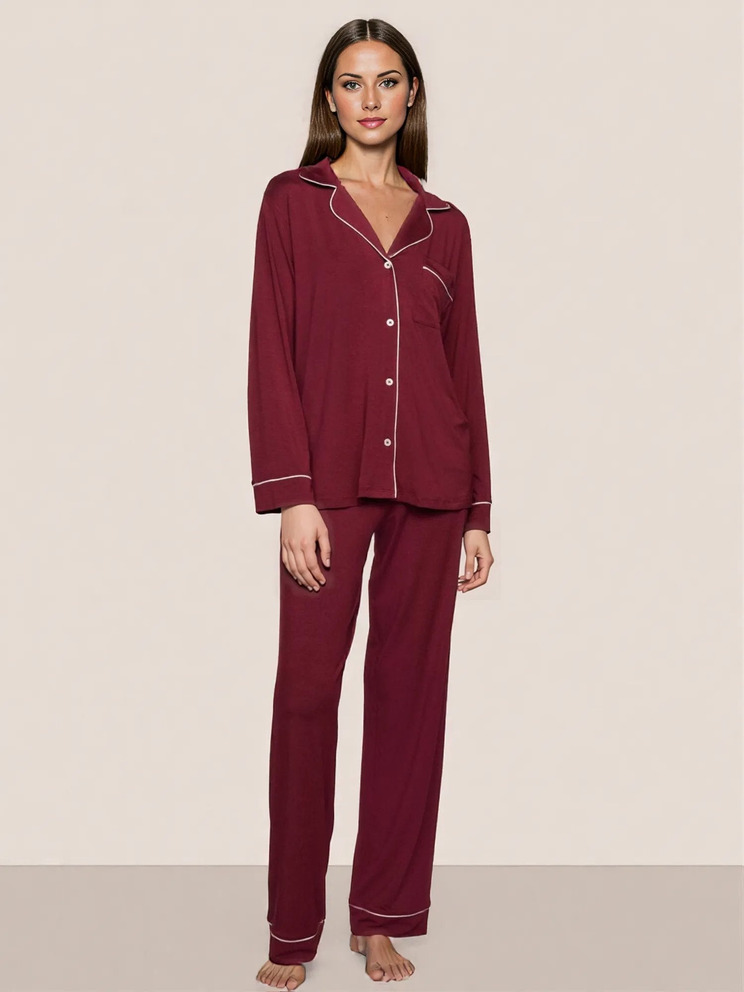Gisele Long PJ Set in Bordeaux/Ivory