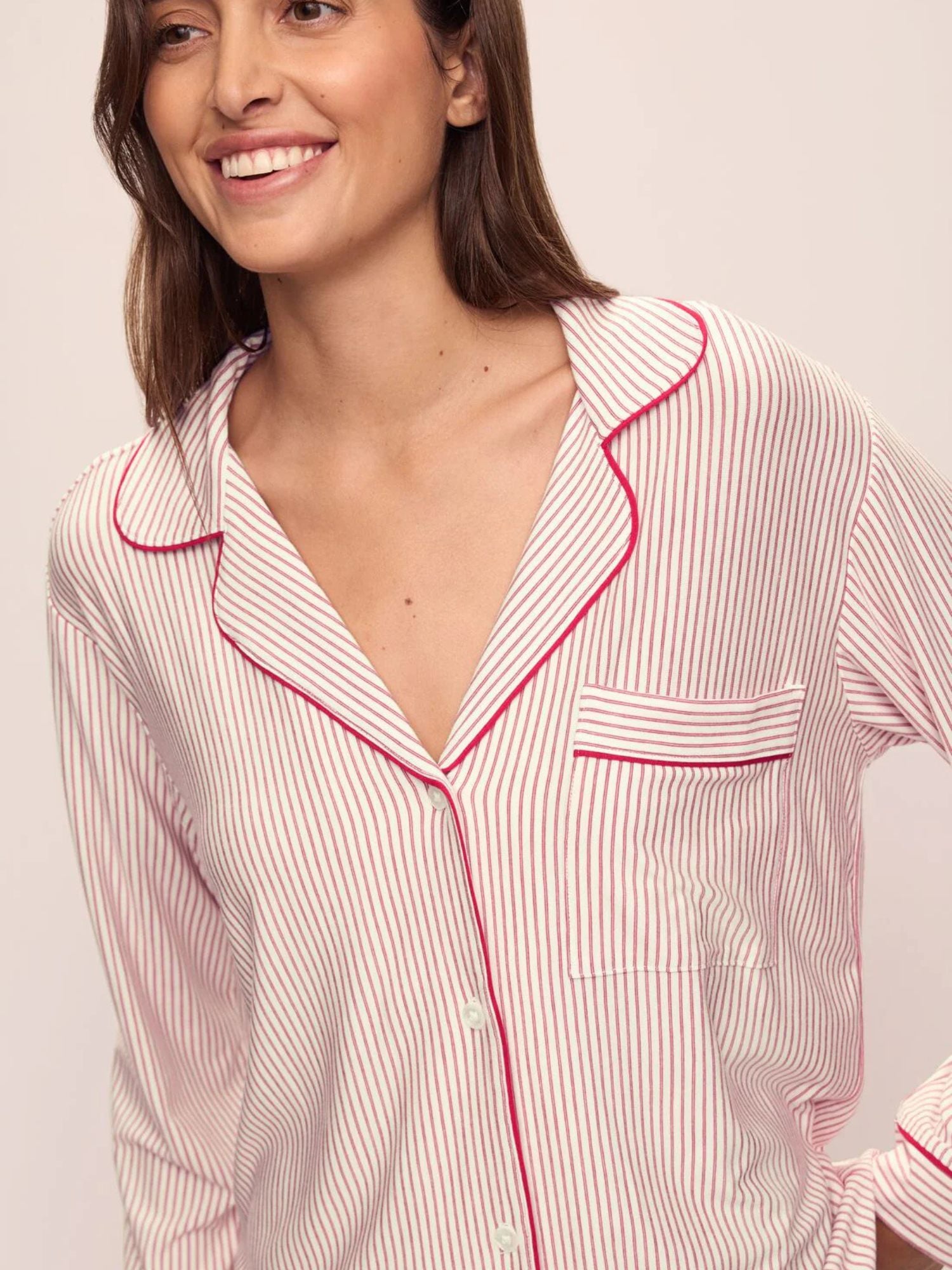 Gisele Long PJ Set in Duo Stripe Holly Red/Ivory