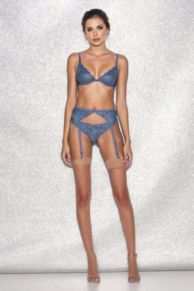 Denim Lily Embroidery Garter Belt