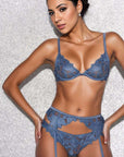 Denim Lily Embroidery Garter Belt