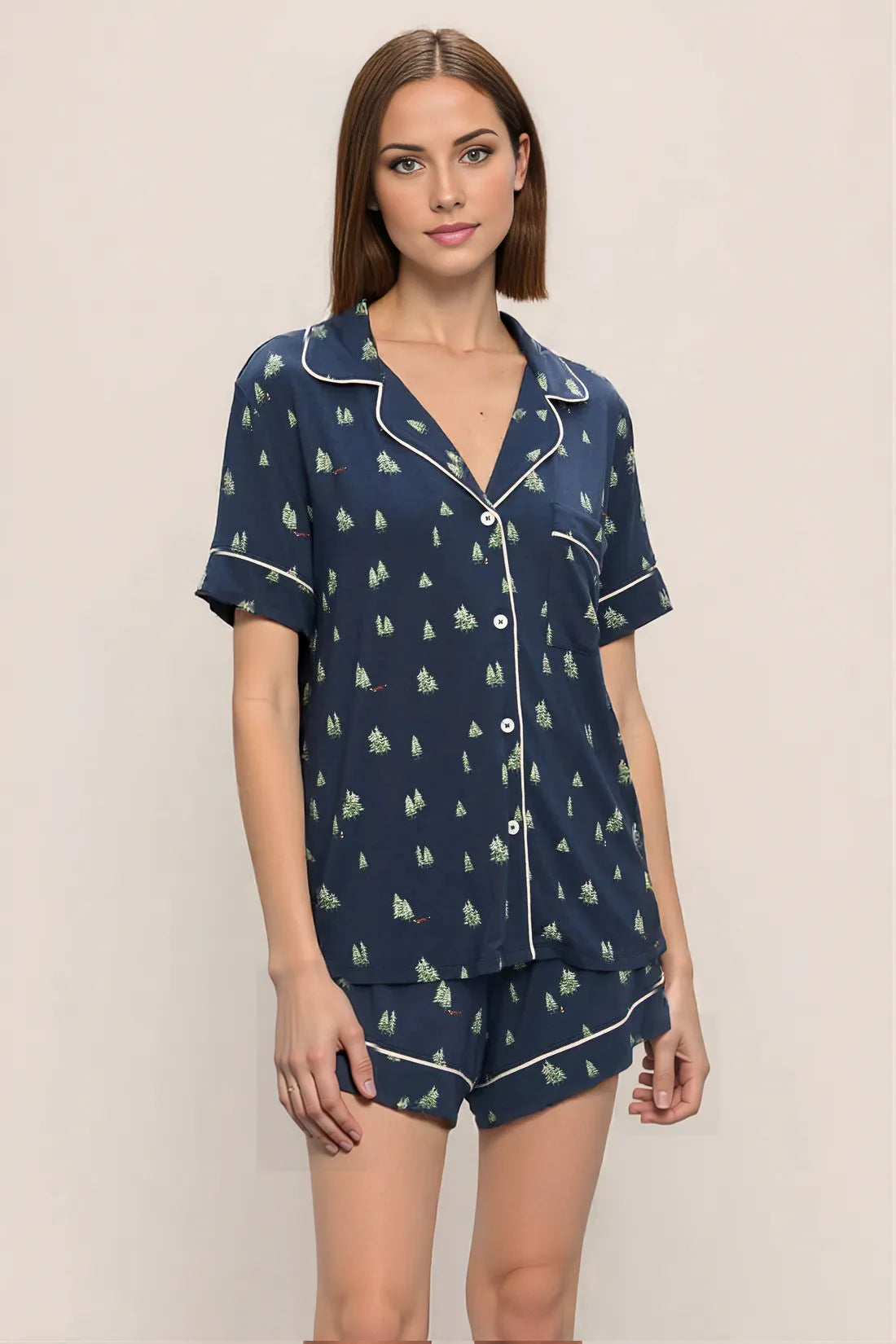 Gisele Printed Relaxed Short PJ Set in Forest Pine Navy/Ivory