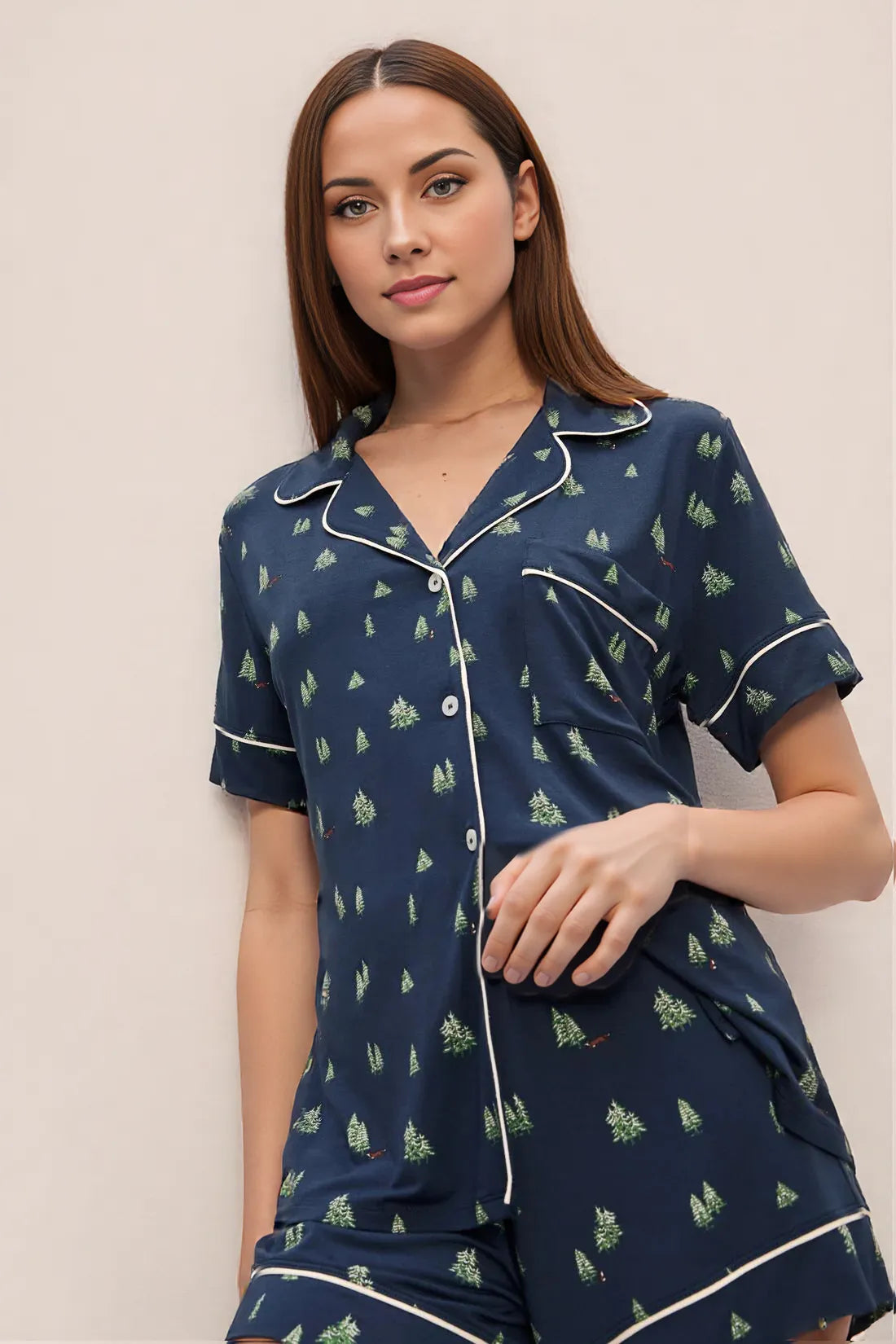 Gisele Printed Relaxed Short PJ Set in Forest Pine Navy/Ivory
