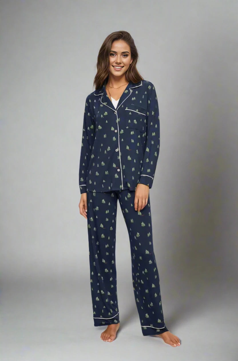 Gisele Printed Long PJ Set in Woodland Pine