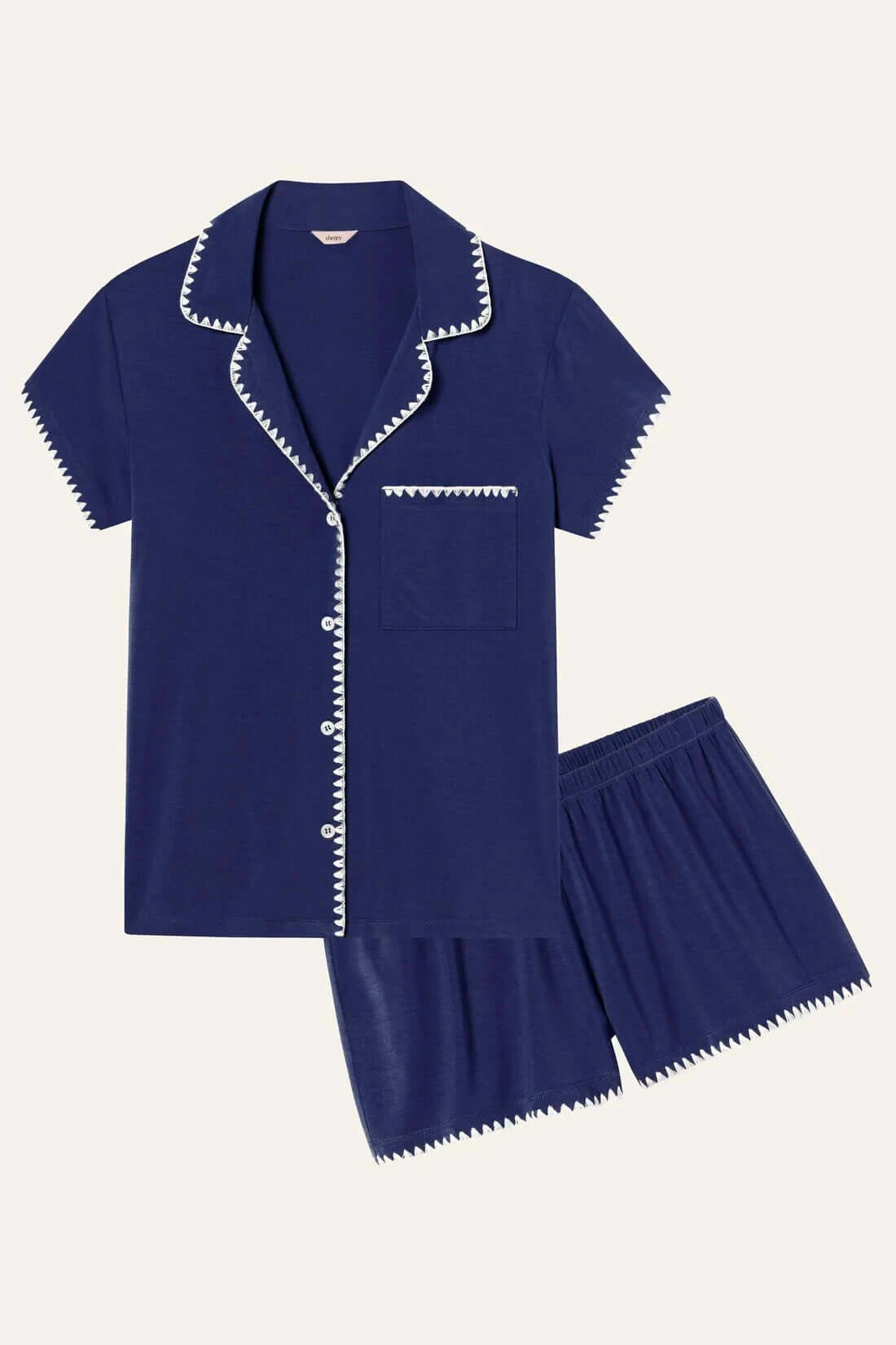 Frida Whip Stitch Short PJ Set in Navy/Ivory