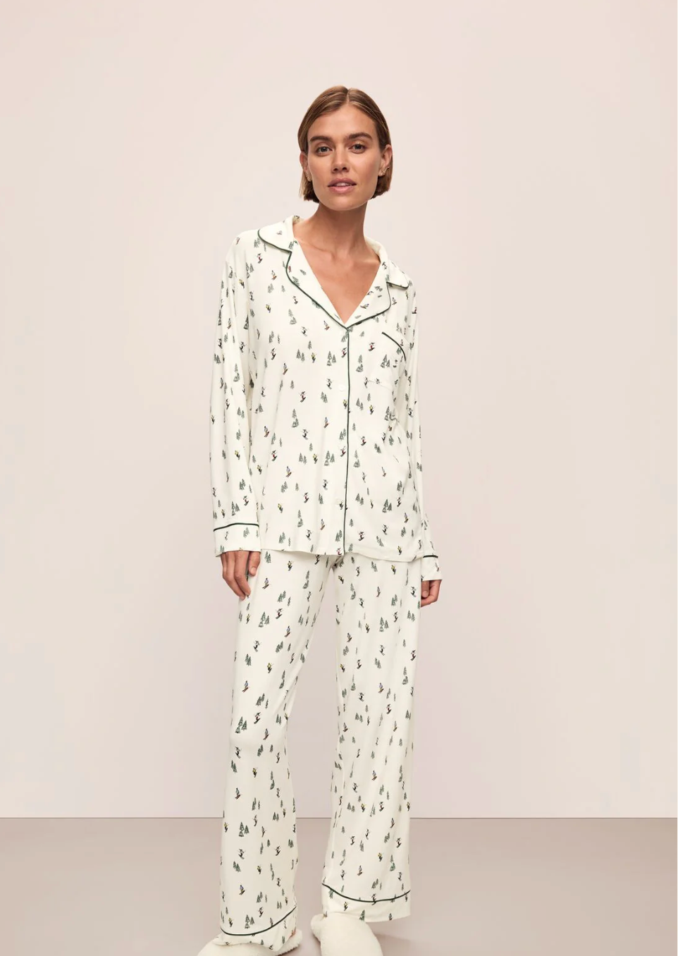 Gisele Printed Long PJ Set in Ski Chalet Ivory/Pine