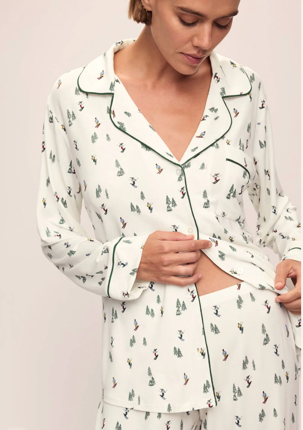 Gisele Printed Long PJ Set in Ski Chalet Ivory/Pine