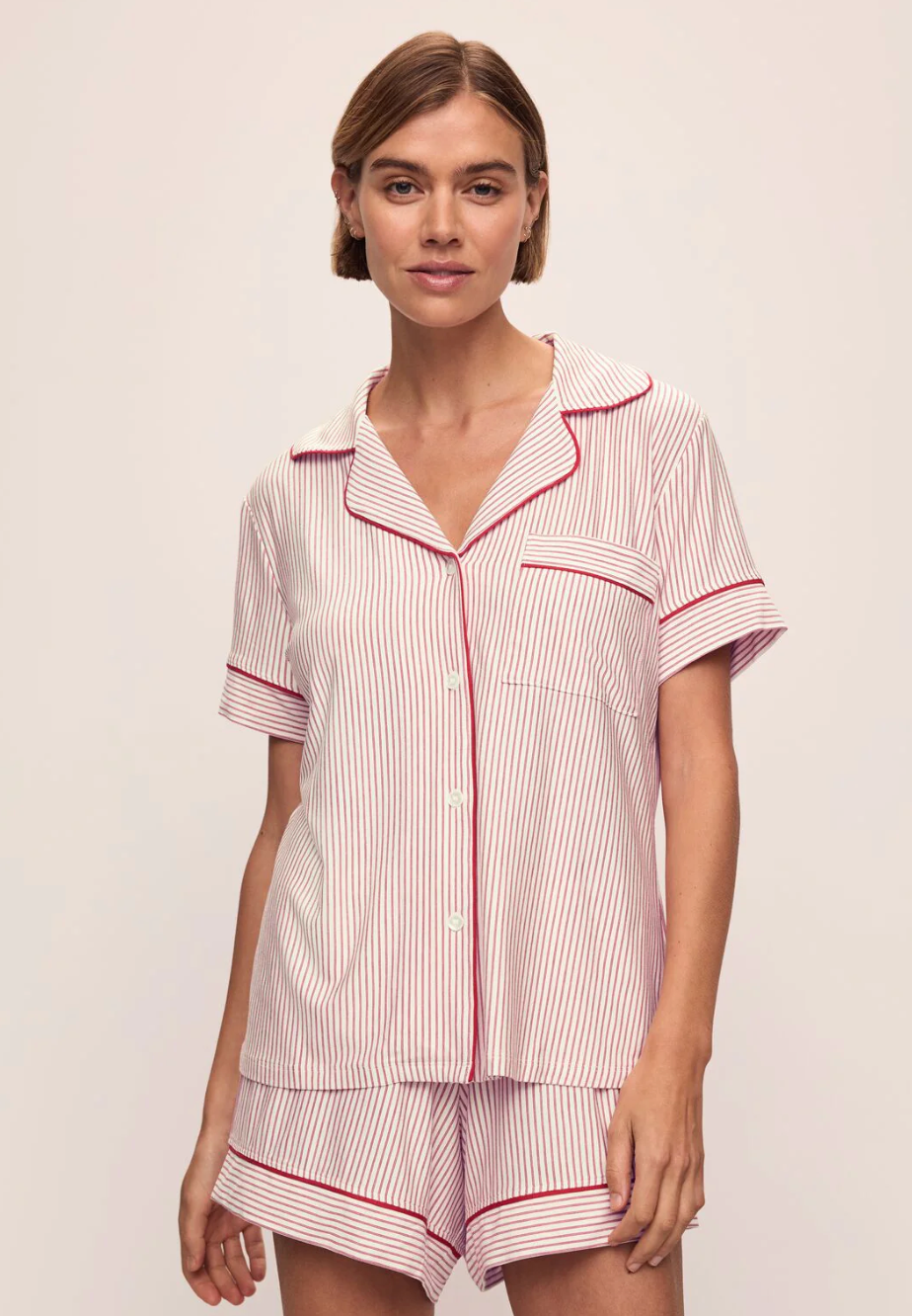 Gisele Printed Relaxed Short PJ Set in Duo Stripe Holly Red/Ivory