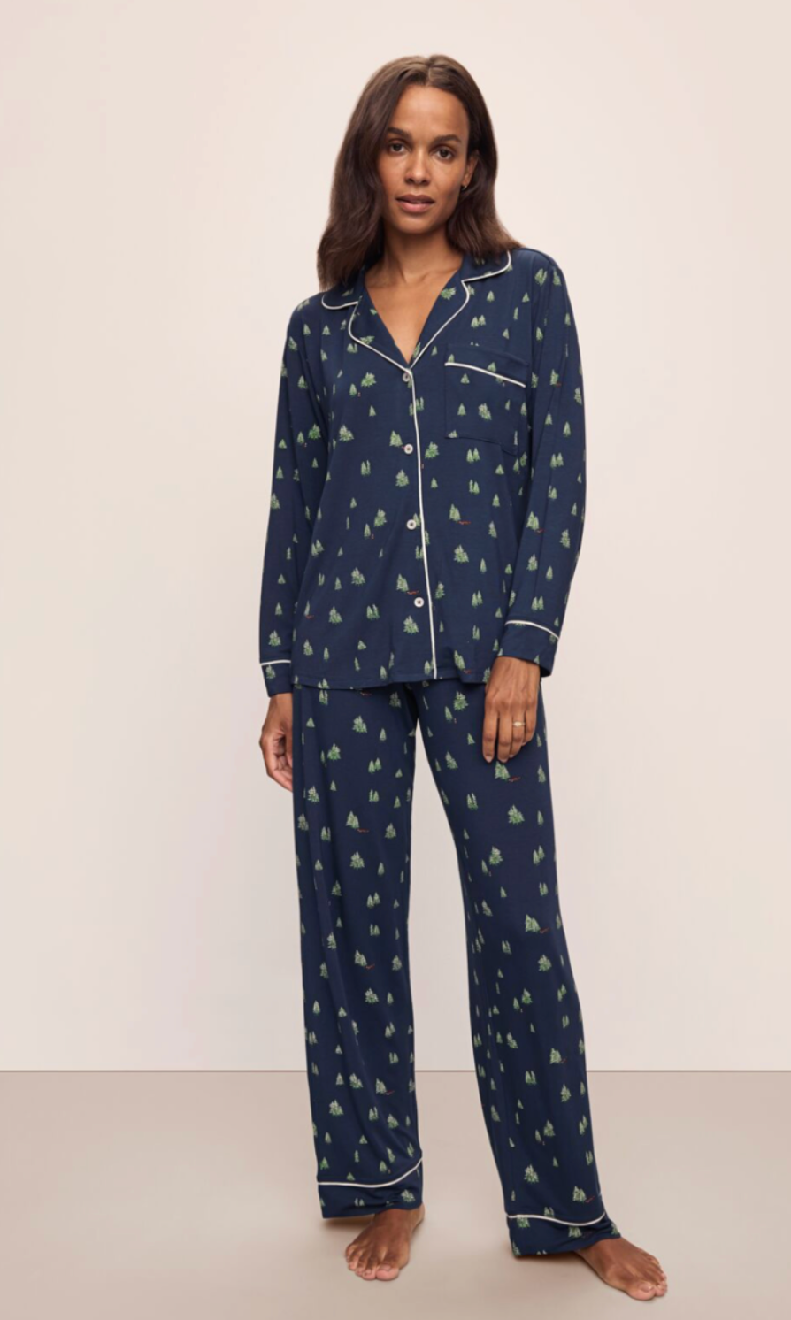 Gisele Printed Long PJ Set in Forest Pine Navy/Ivory