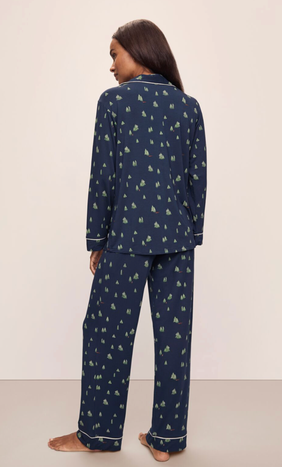 Gisele Printed Long PJ Set in Forest Pine Navy/Ivory