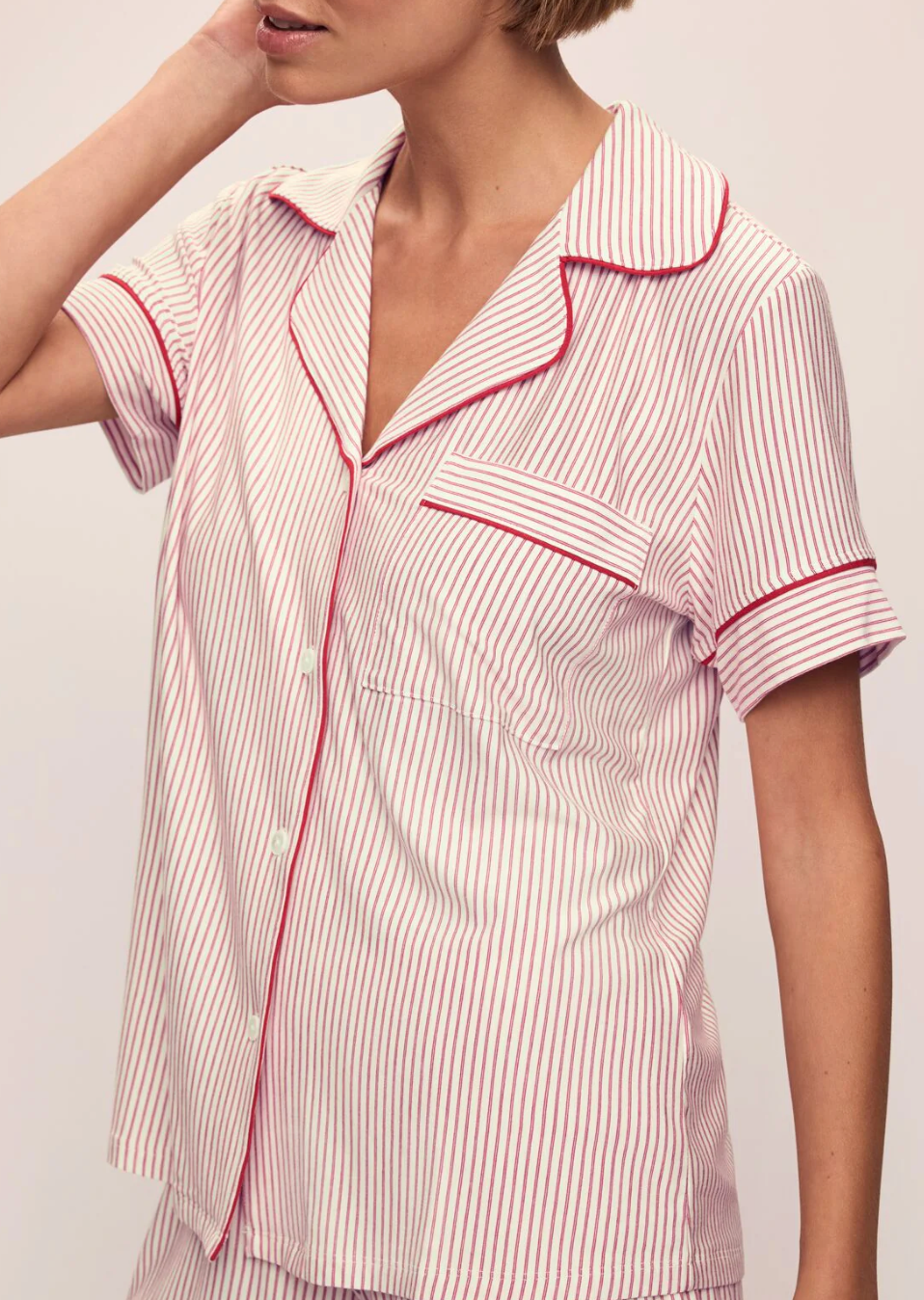 Gisele Printed Relaxed Short PJ Set in Duo Stripe Holly Red/Ivory