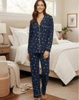 Gisele Printed Long PJ Set in Forest Pine Navy/Ivory