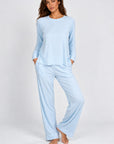 Cannes Pinstripe Long Set in Cool Blue — Petticoat Lane brunette model, studio photograph