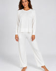 Cannes Pinstripe Long Set in Off-White — Petticoat Lane brunette model, studio photograph