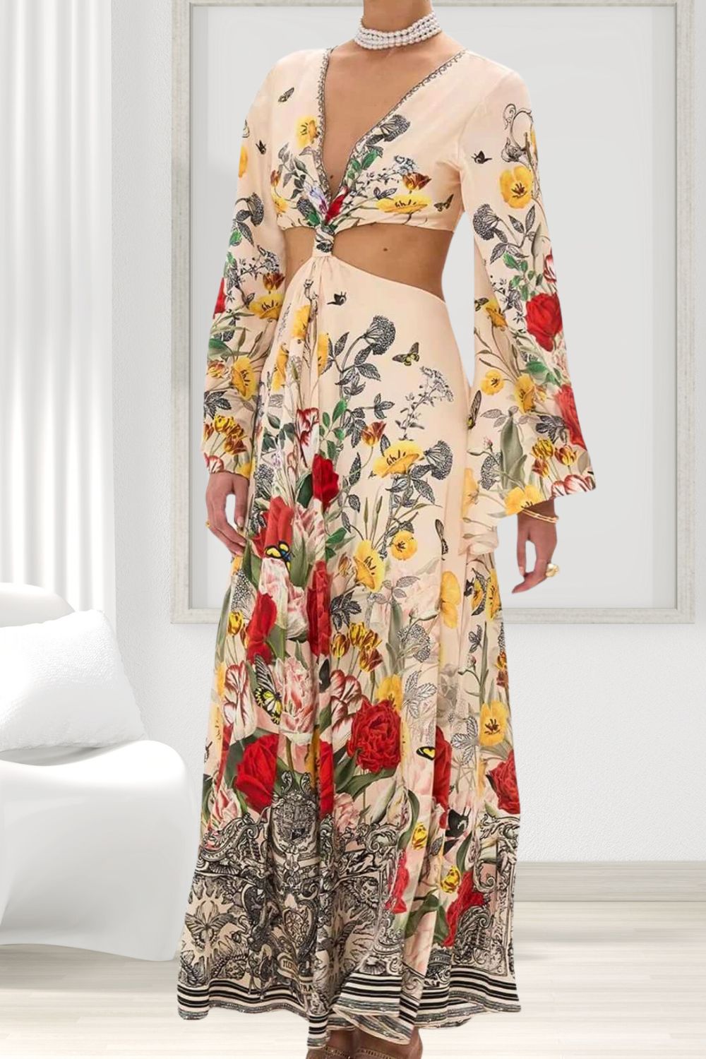 Camilla Cut-Out Dress Etched Into Eternity Knot Front Maxi (M) Camilla Cut-Out Dress Etched Into Eternity Knot Front Maxi (M)