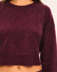 LoveShackFancy Bellaman Pullover in merlot, close-up of knit texture and garment details
