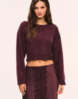 LoveShackFancy Bellaman Pullover in merlot, front studio view on model