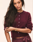 LoveShackFancy Cameryn Cardigan in roasted pomegranate, front studio view on model